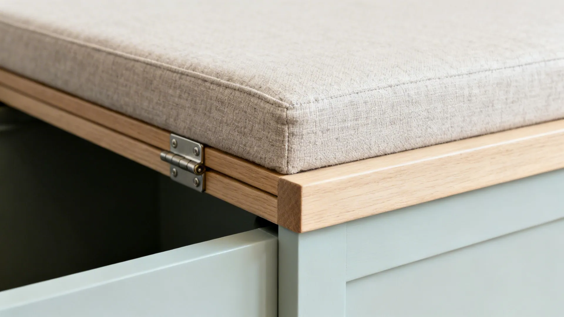 Close-up of wall bench flip-up seat hinge and performance fabric cushion.