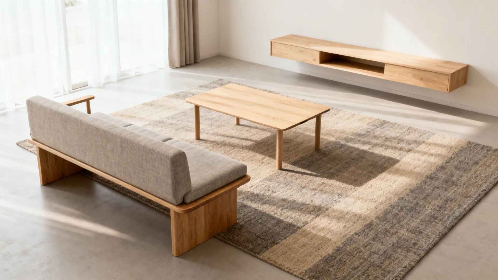 Minimalist bench-seat sofa with tight arms and low back in a compact living room.