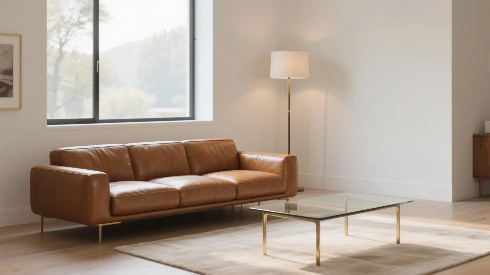Modern living room with tan leather sofa glass coffee table floor lamp and large bright window