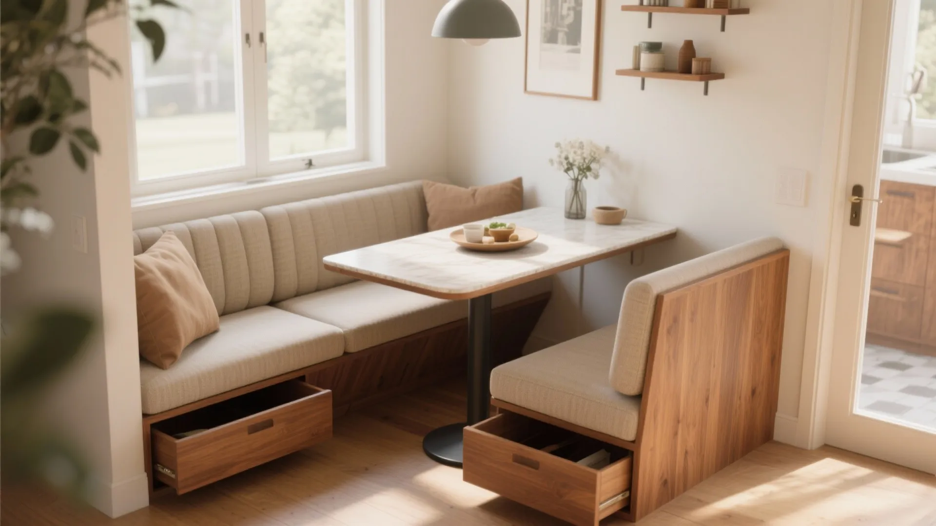Dining area with built-in wood bench seating featuring storage drawers under marble top dining table