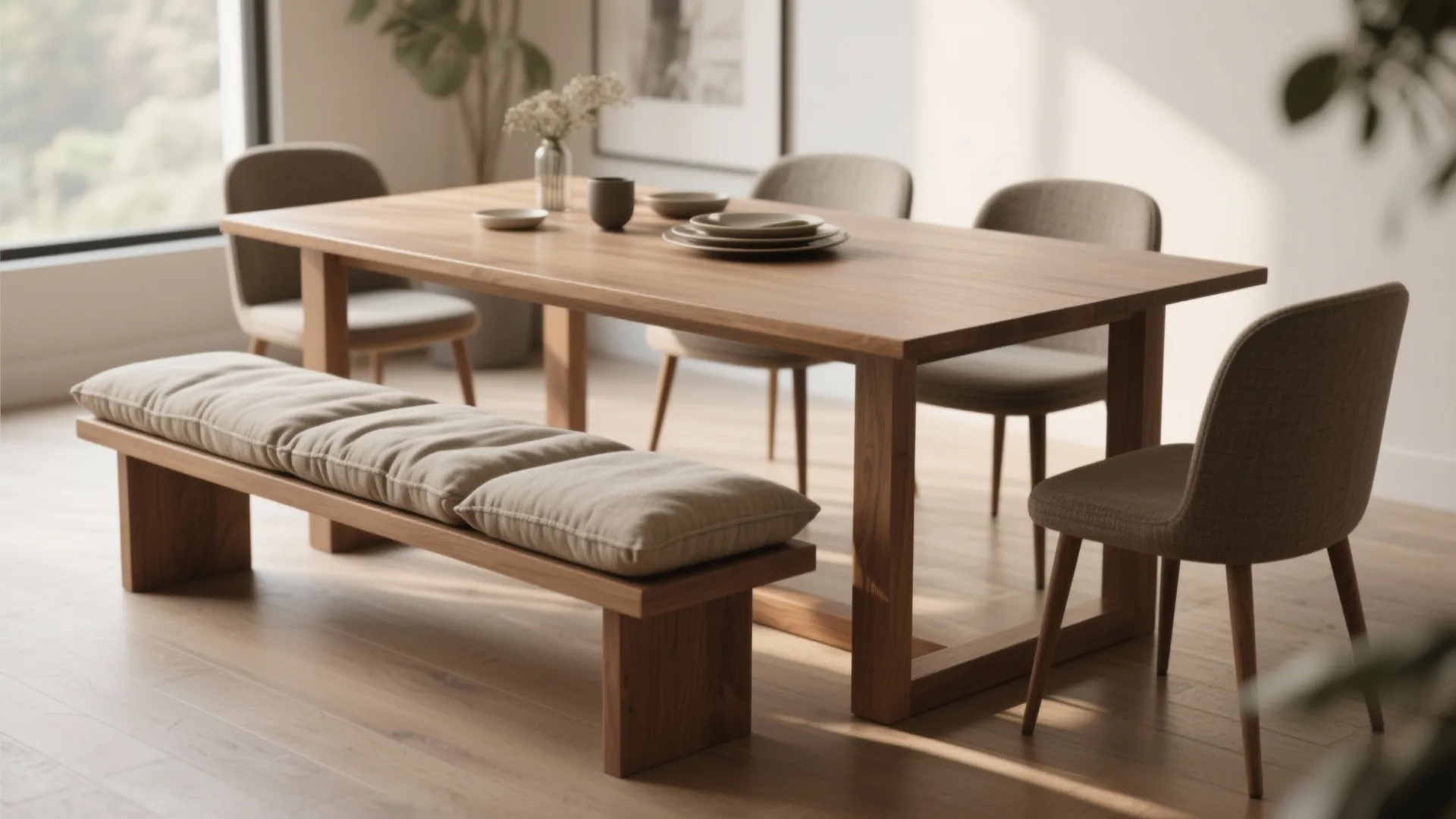 2. Swap chairs for a bench on one side