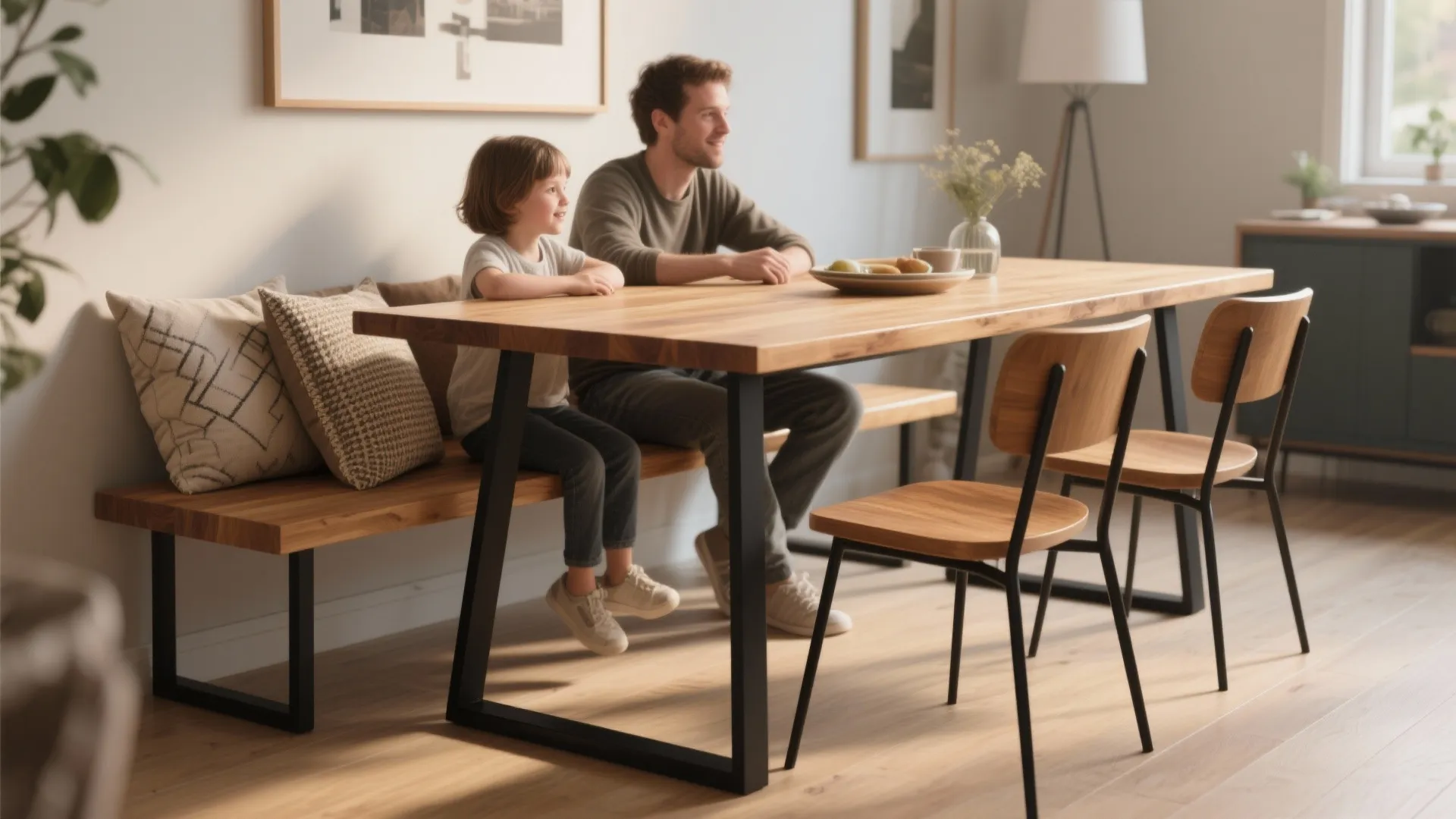 2. Try a bench on one side for flexible seating