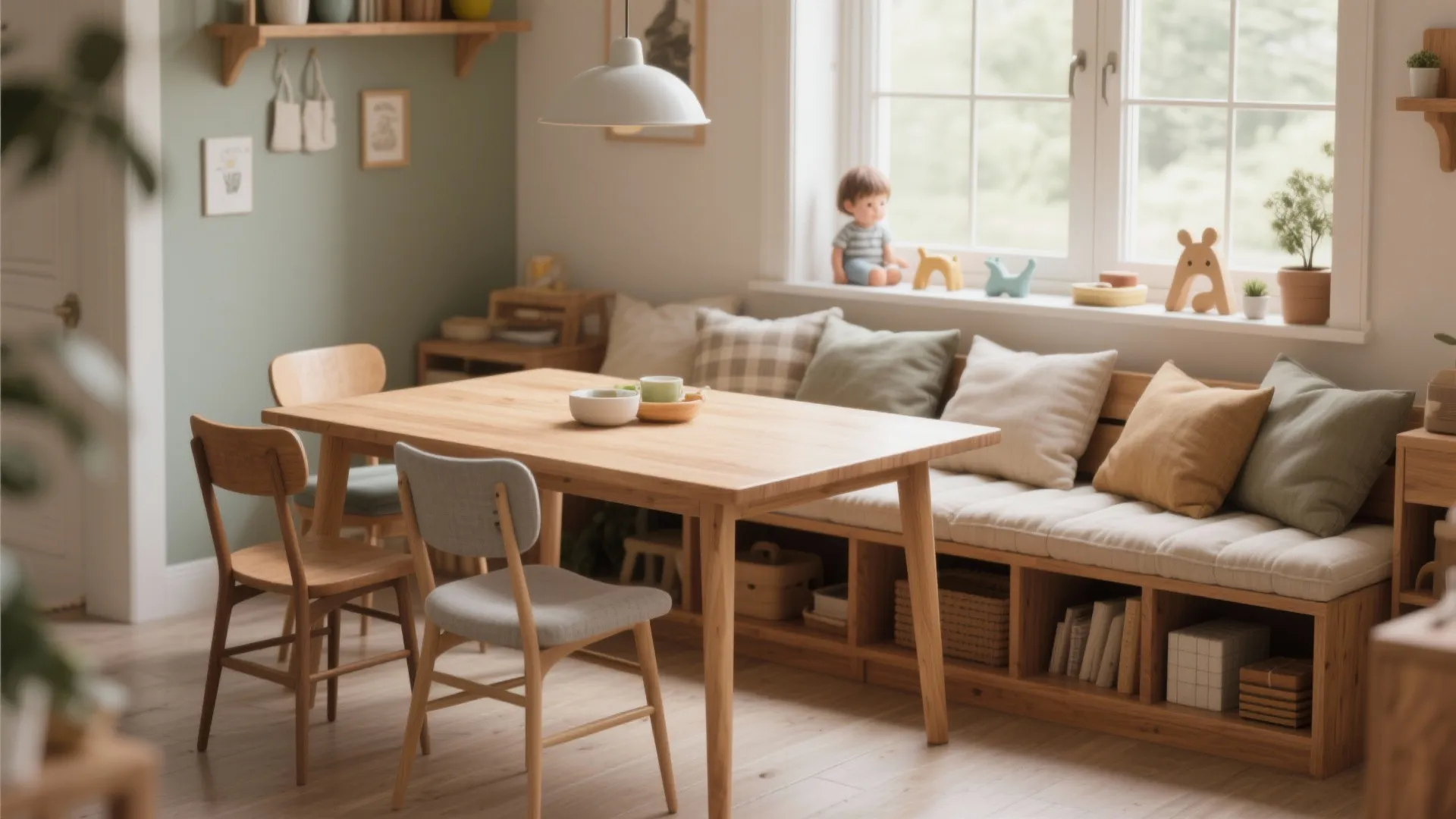 Wooden dining table with chairs next to a built in bench with pillows and storage