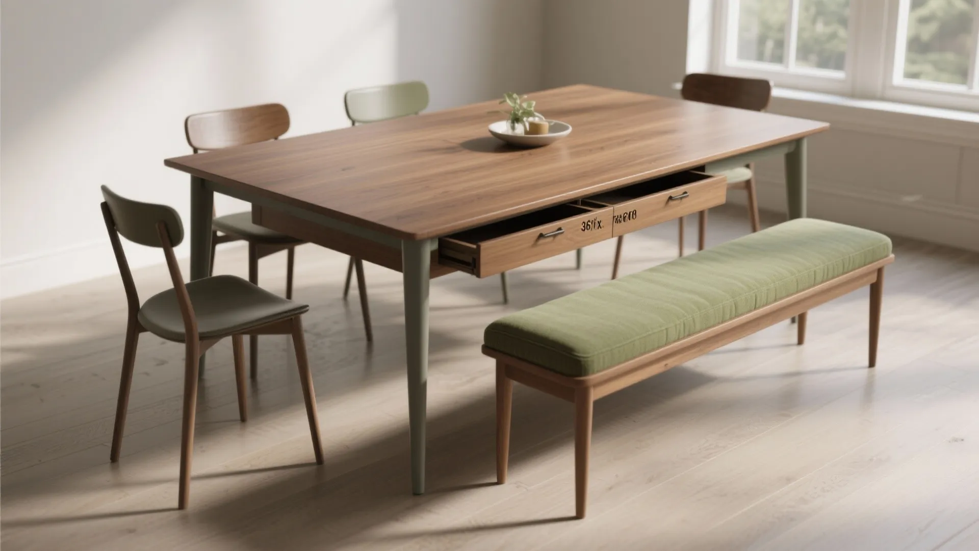 Large wooden dining table with storage drawers green upholstered bench and four matching side chairs