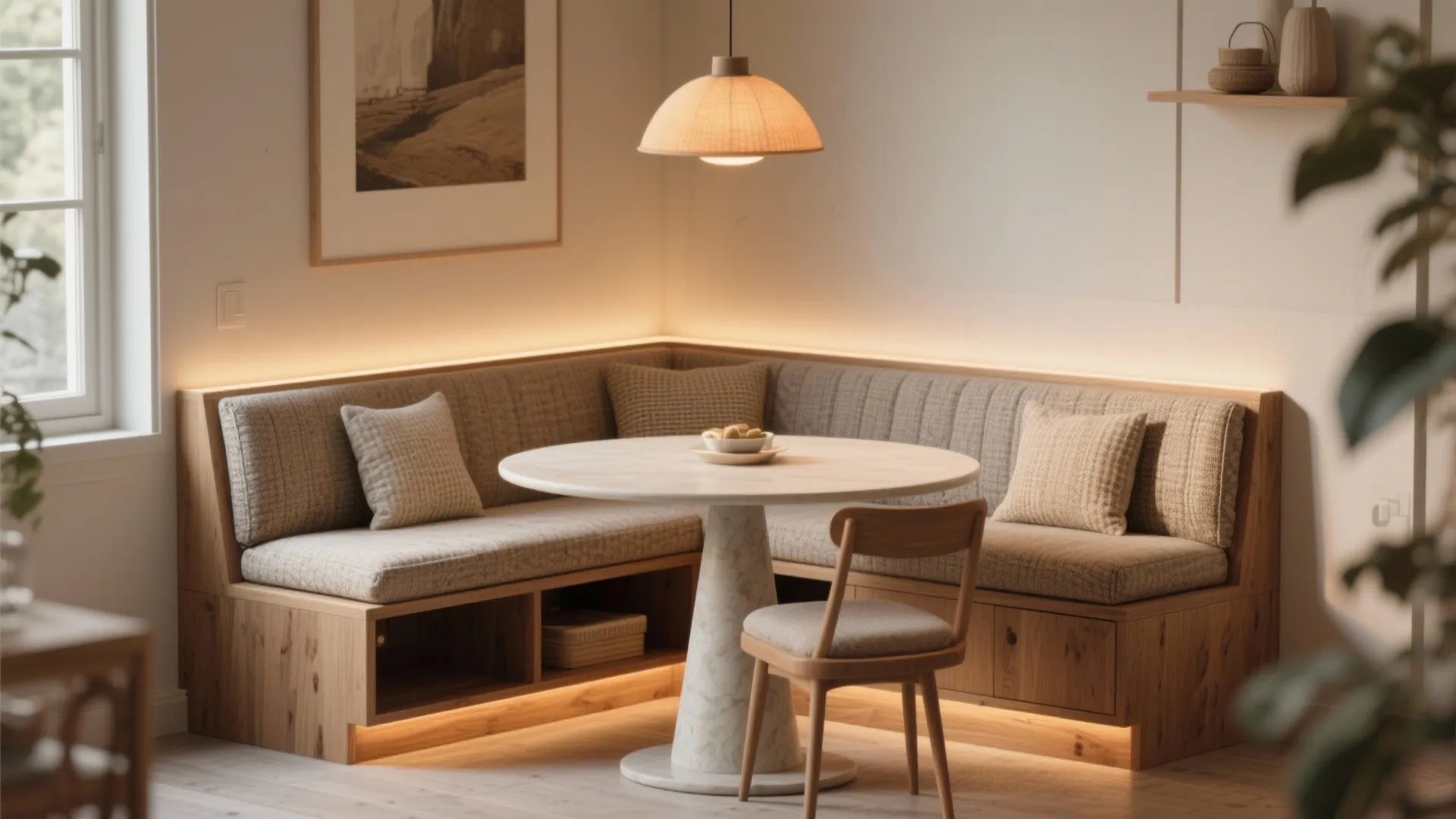 Modern dining area with wooden bench seating, round marble table, warm ceiling light, and cushions