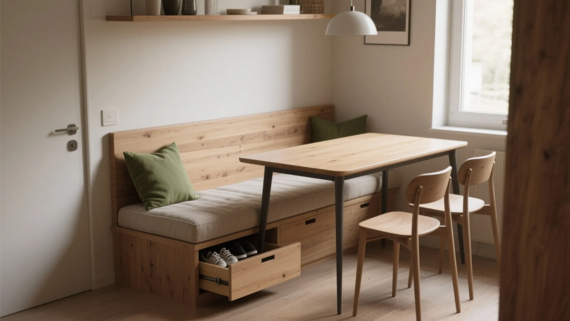 2. Bench seating on one side