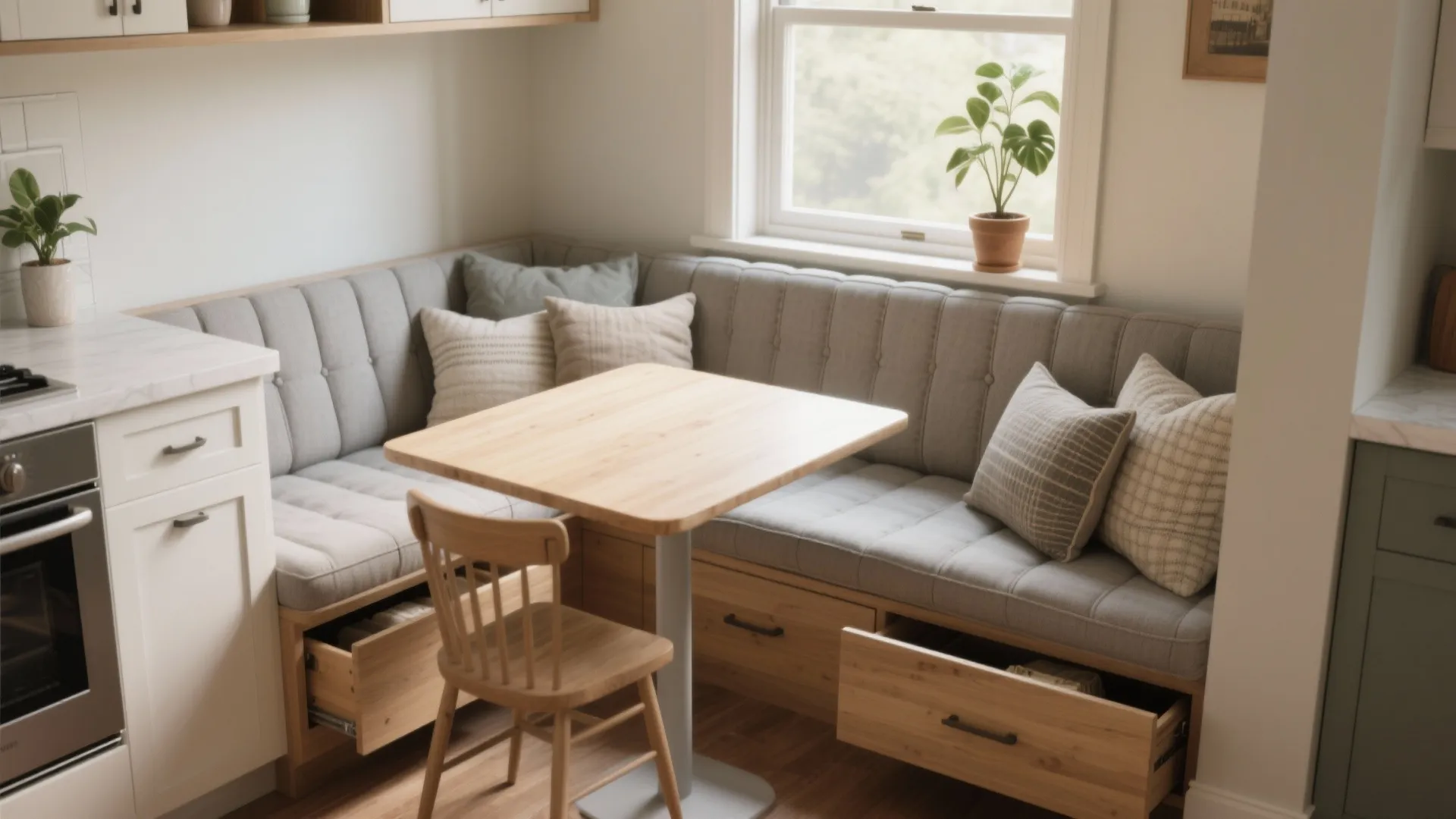 Cozy breakfast nook featuring a built-in corner bench with storage drawers and a wooden table