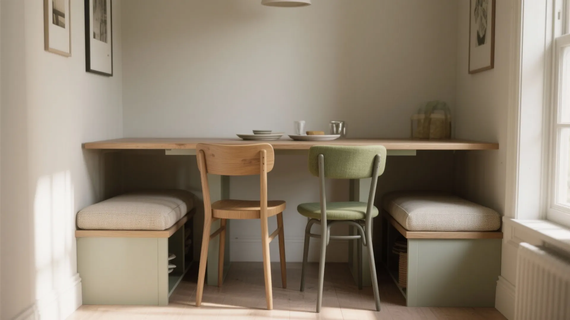 Wooden table with two chairs and cushioned benches stored under a small dining room area