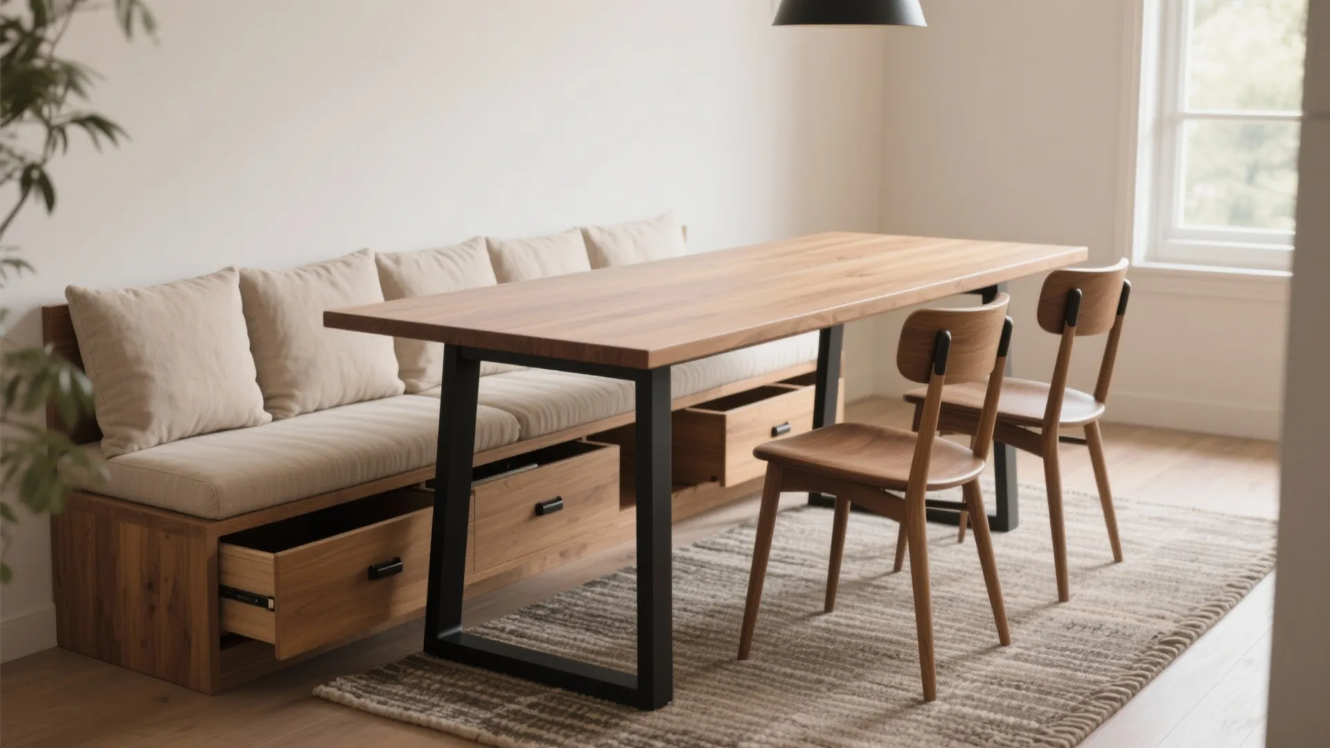 Wooden dining table with black legs two chairs and a storage bench with soft cushions