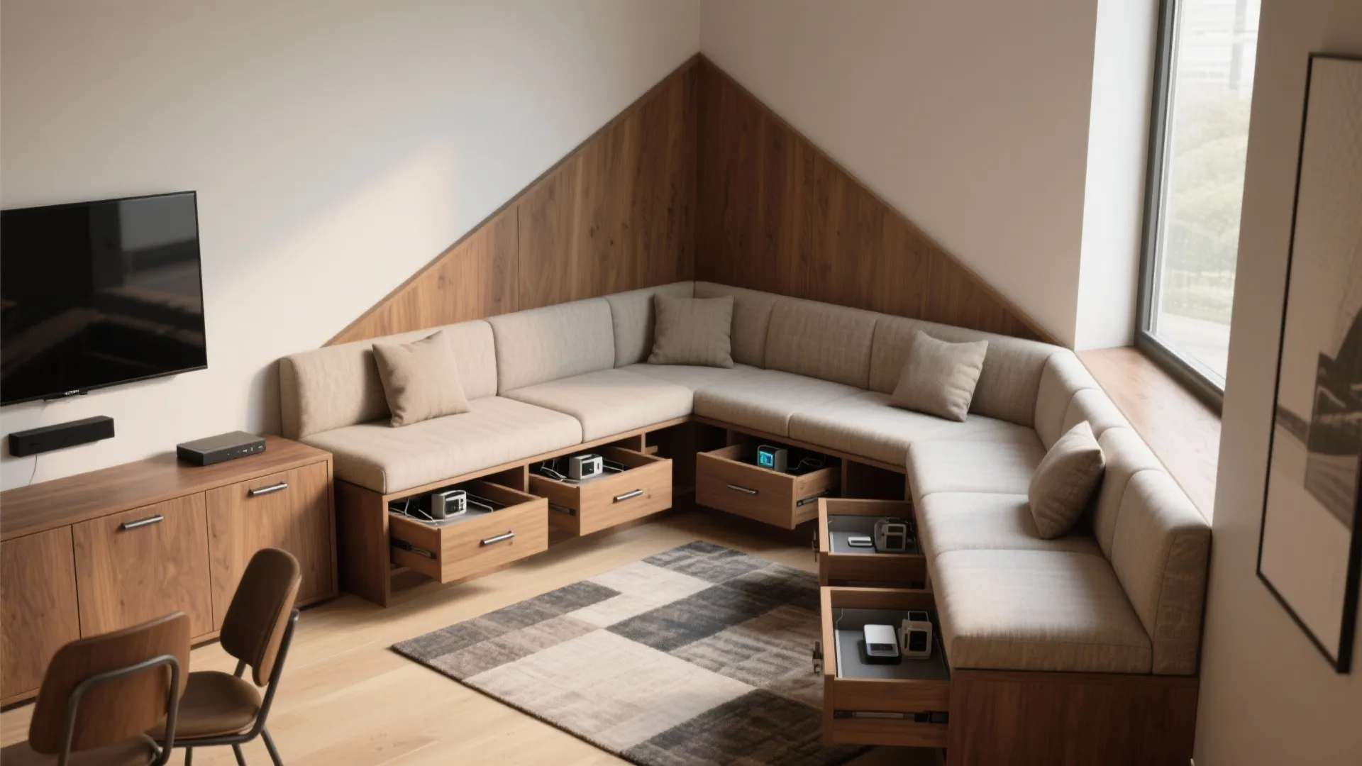 Corner built-in bench seating with wooden storage drawers below beige cushions and a television mounted
