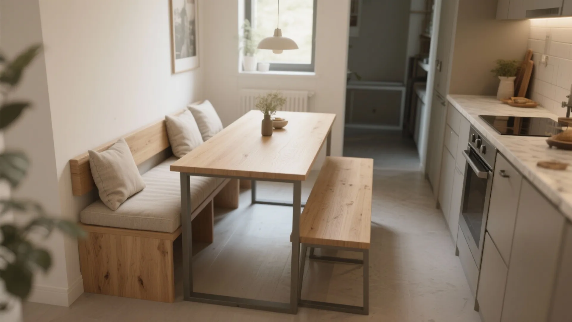 Rectangular table with benches tucked underneath, cushions visible, showing clear walkway in a small kitchen.