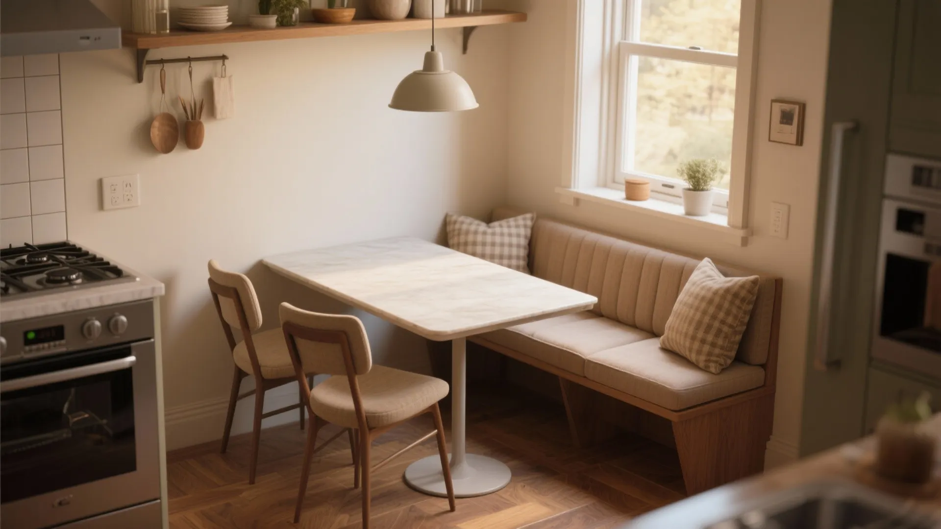 Cozy dining nook with marble table beige bench seating two wooden chairs and white ceiling light