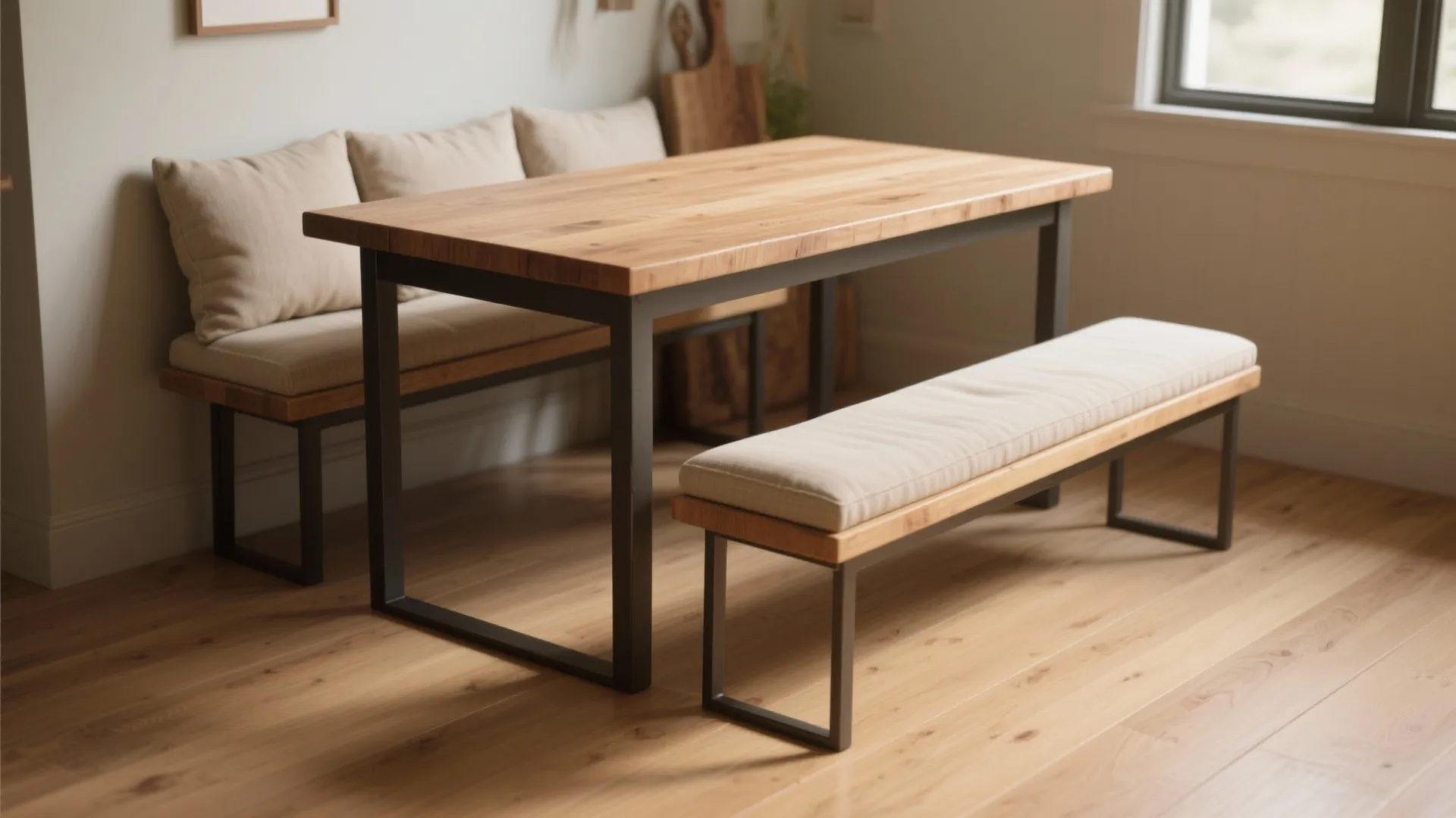 Modern dining room set with large wooden table two padded benches and light wood floor
