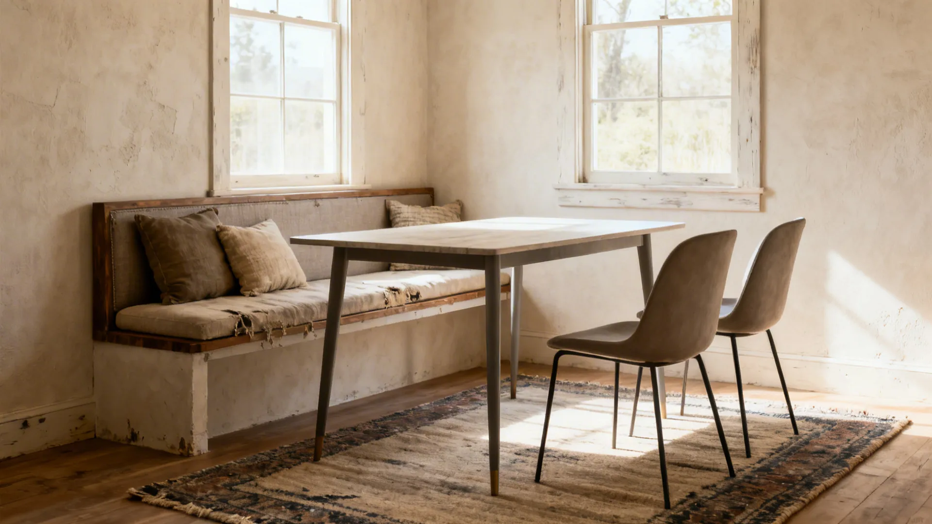 Small dining nook with bench seating, cushions, and slim chairs showing circulation space