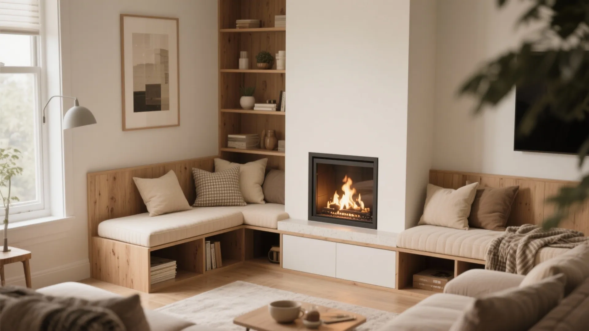 Built-in cushioned bench beside fireplace with storage