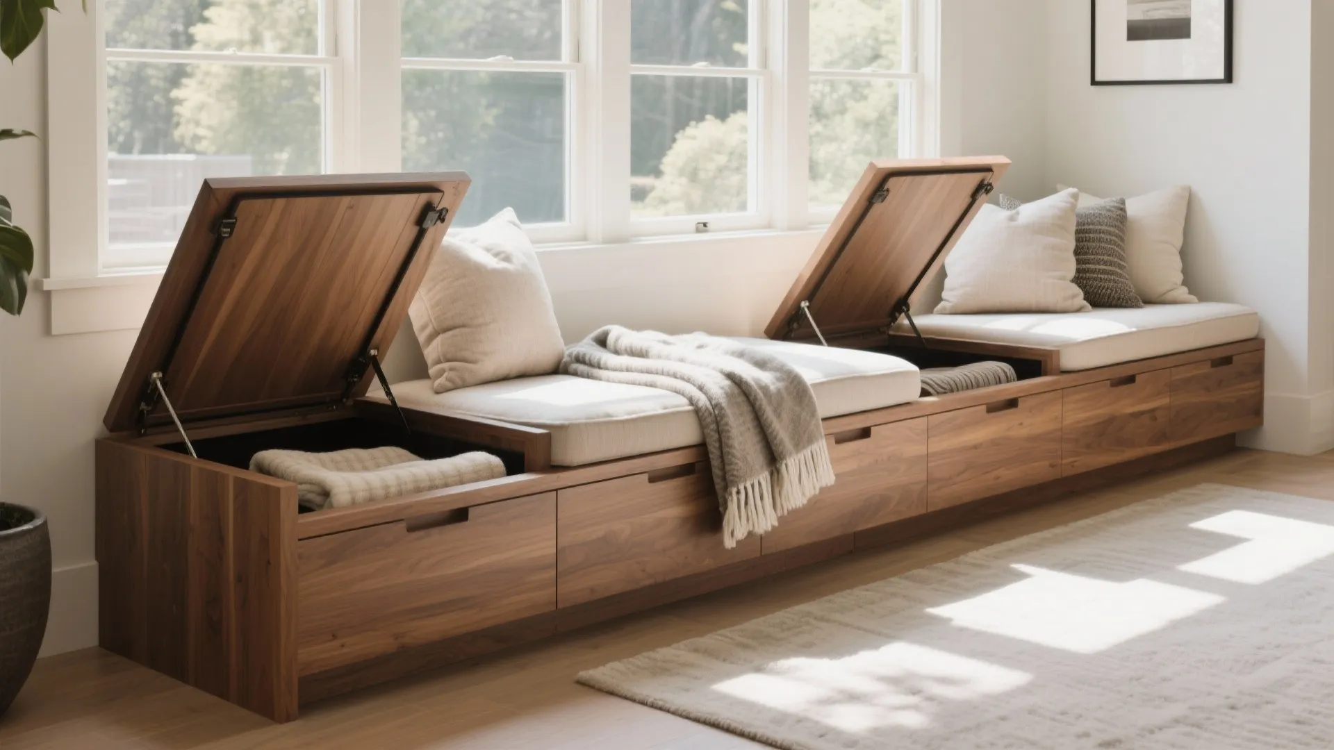 Built-in bench under window with hidden blanket storage