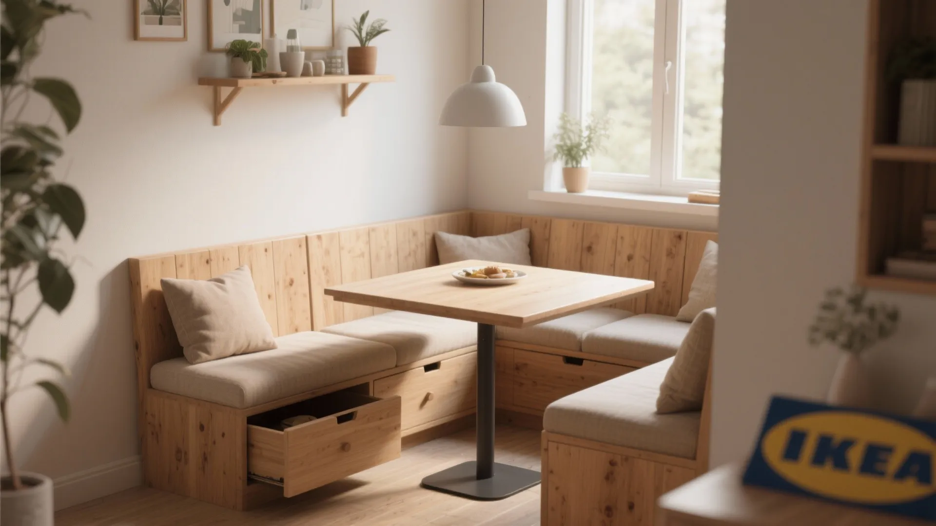 Modern wooden corner bench with built in storage drawers, dining table, cushions, and ceiling light