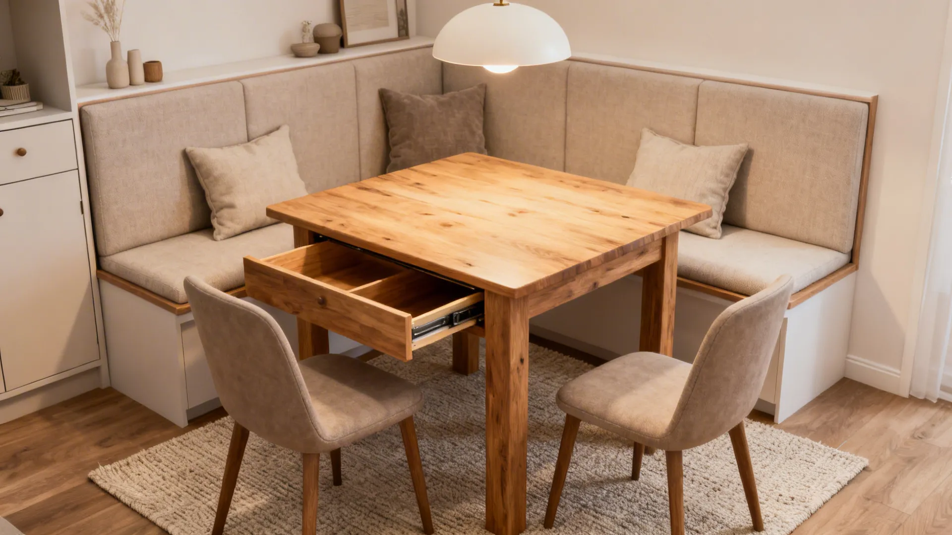 Compact dining area with built-in bench seating, back cushions and lift-top storage