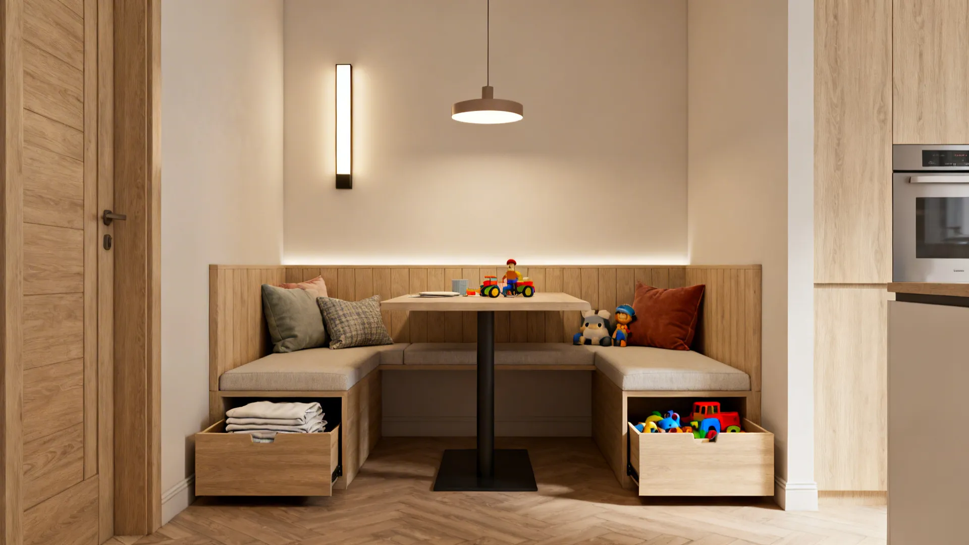 Wooden dining corner with bench seating featuring storage drawers filled with toys and folded white clothing