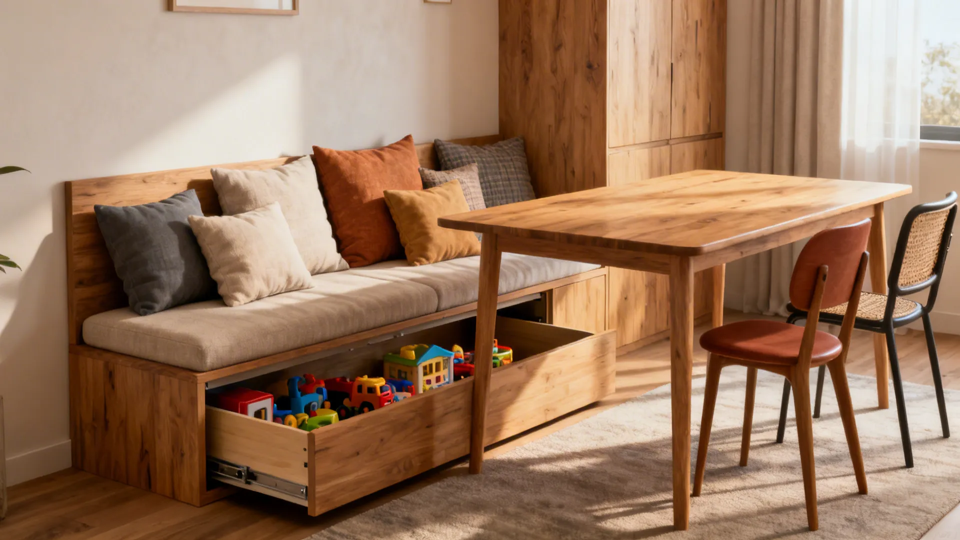 Multi-functional bench with hidden storage under dining table in small living room