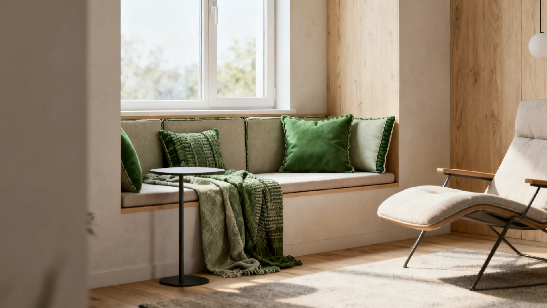 Built-in window bench with cushions and a lounge chair in a compact living room.
