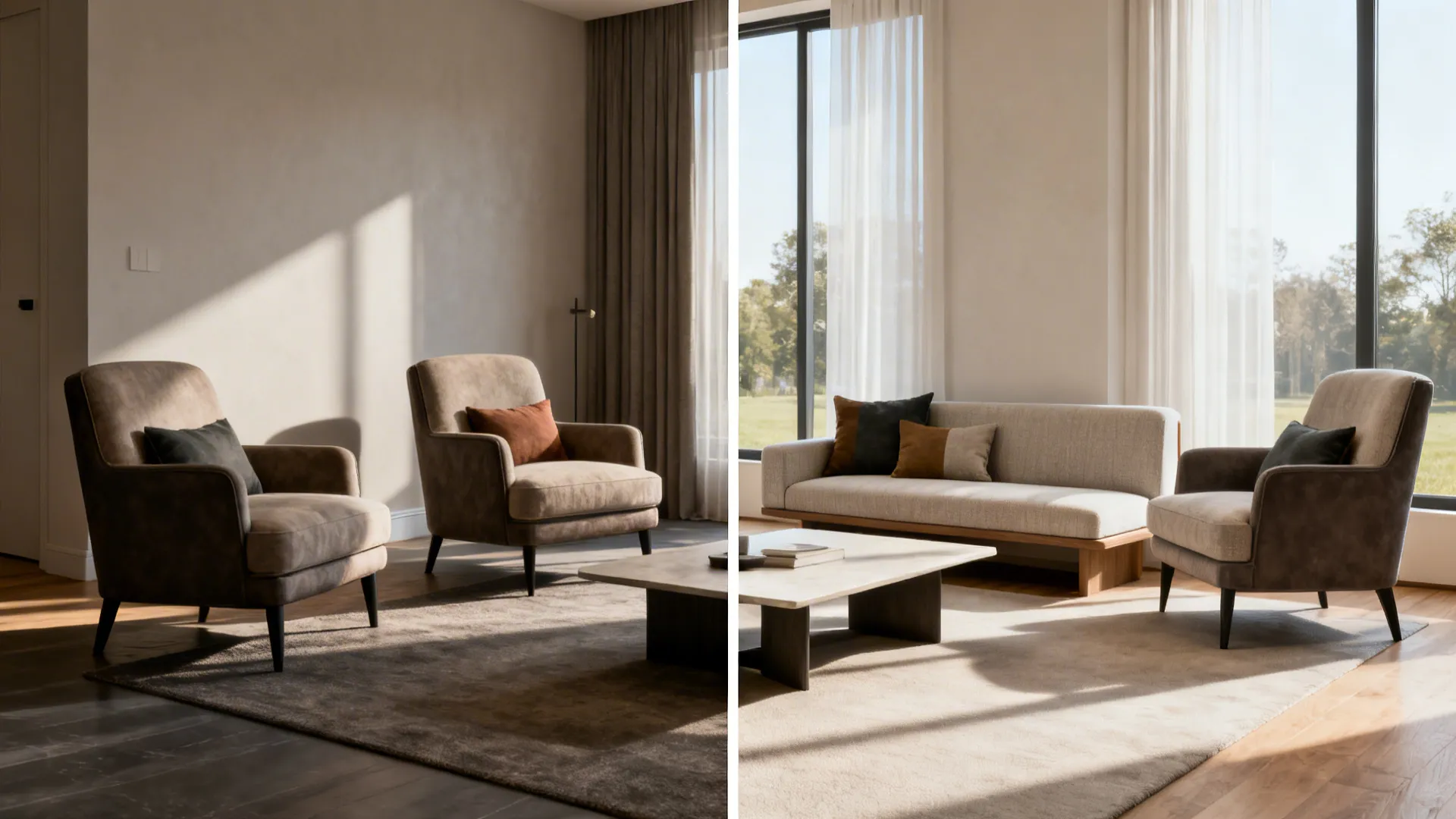 Split view comparing bulky chairs replaced by an upholstered bench to improve flow in a small living room.