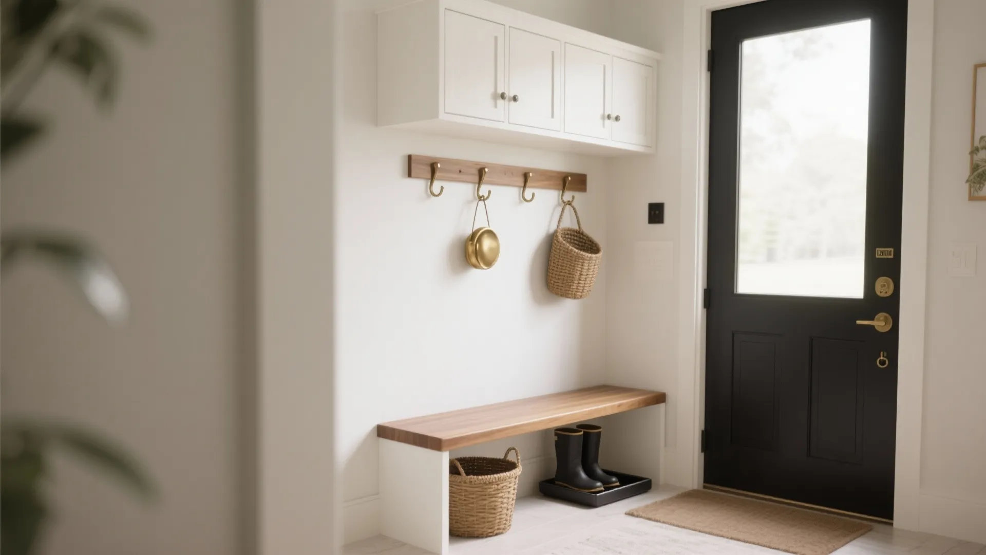 Slim bench with upper shelf, cubbies, and hooks forming a tidy hallway drop zone.