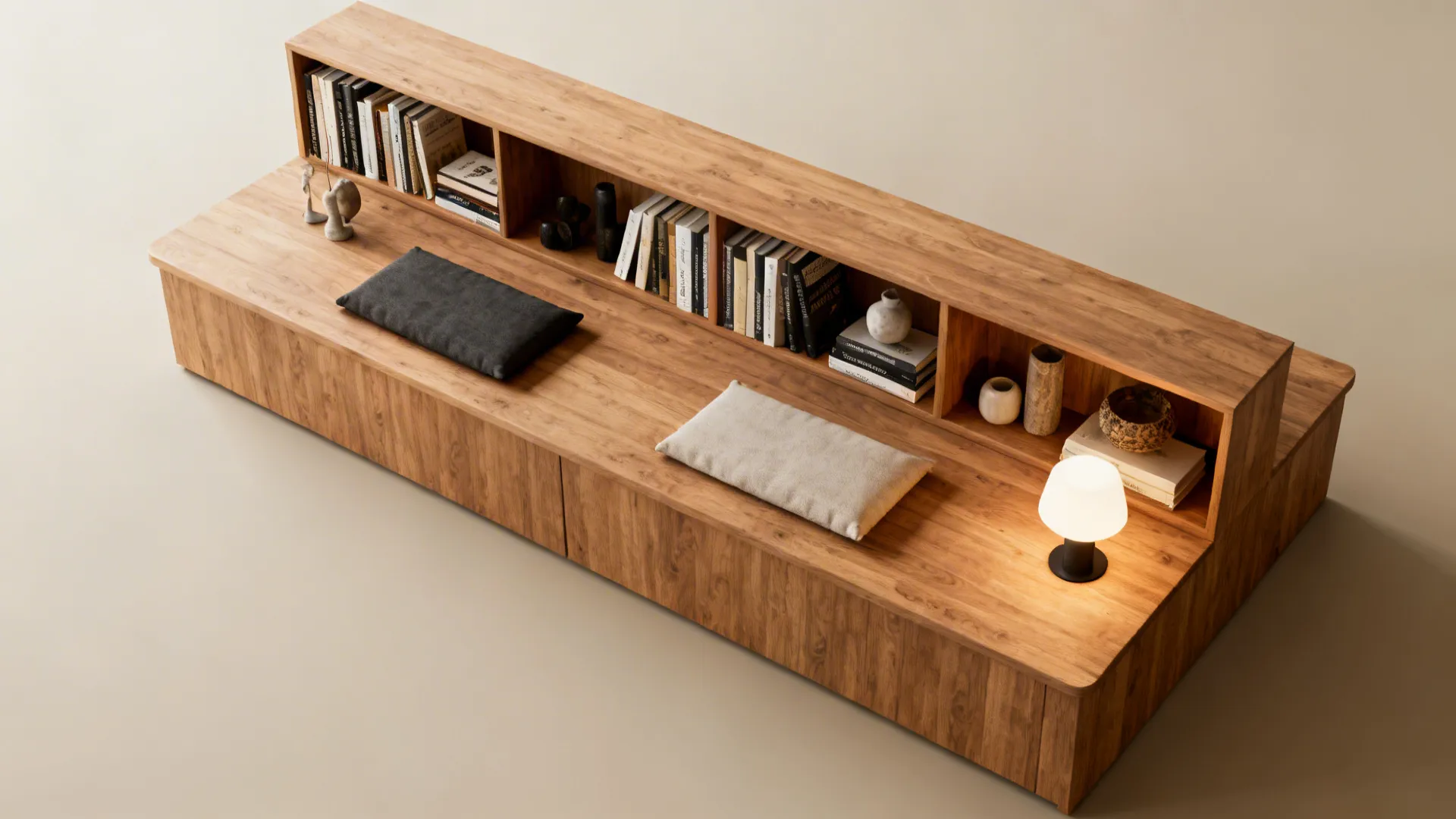 Wooden bench and low shelf combo used as seating and storage in a small living room.