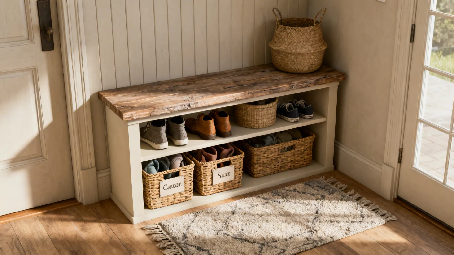 Low bench with staggered lower shelves and labeled baskets for seasonal shoe storage.
