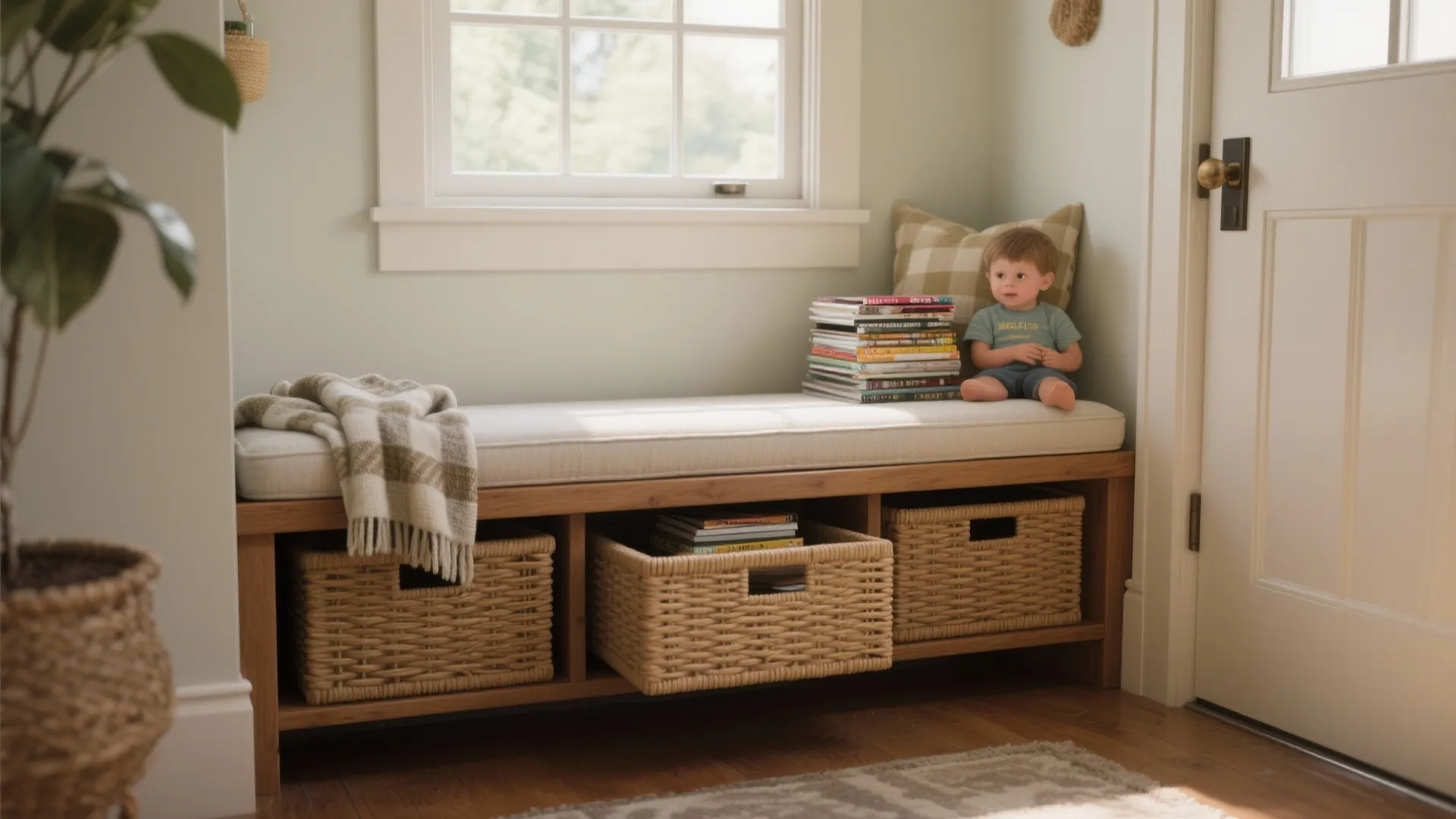 3. Bench-shelf hybrid with hidden baskets