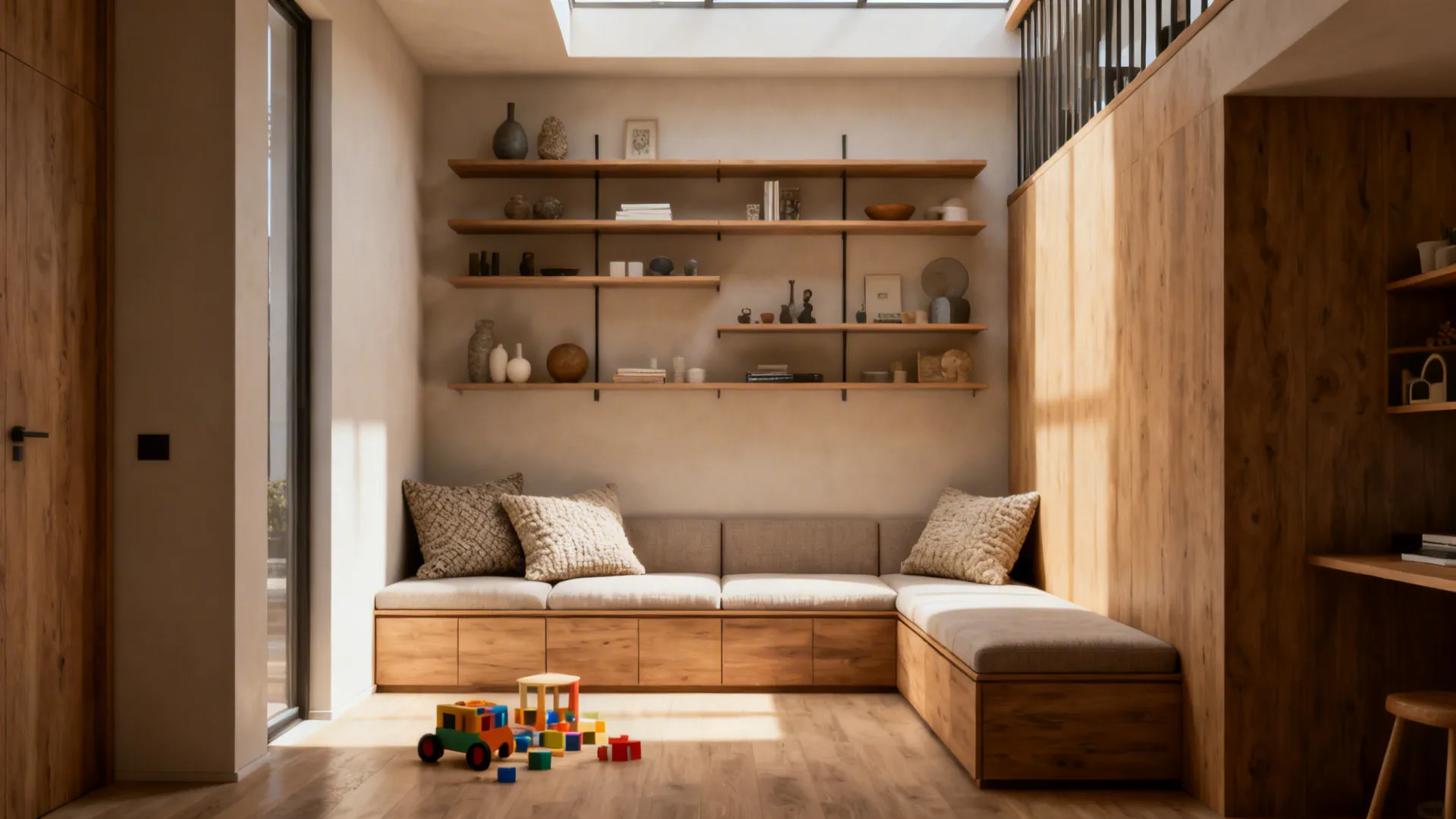 Loft with wall-mounted shelves and a low modular bench sofa, creating open central floor space.
