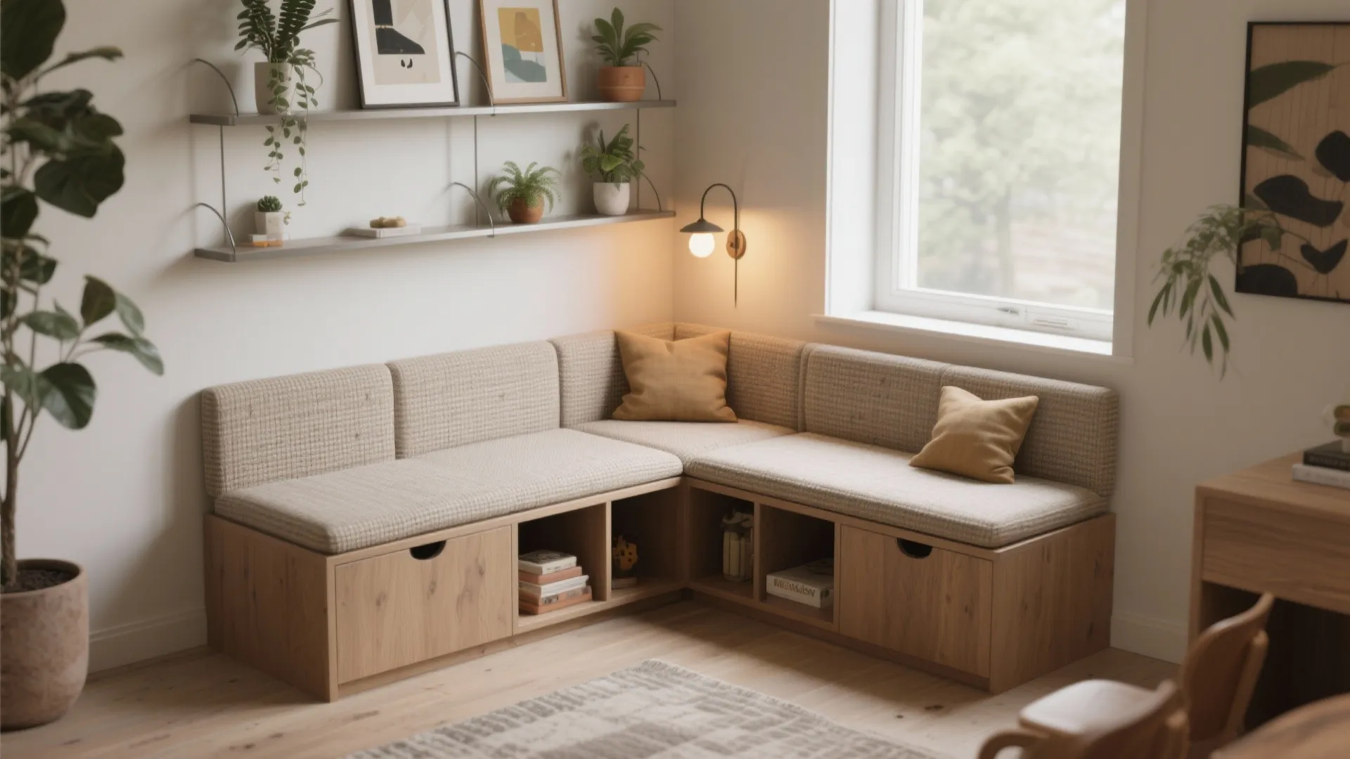 Modular corner bench with storage and shelves overhead in a cozy nook.