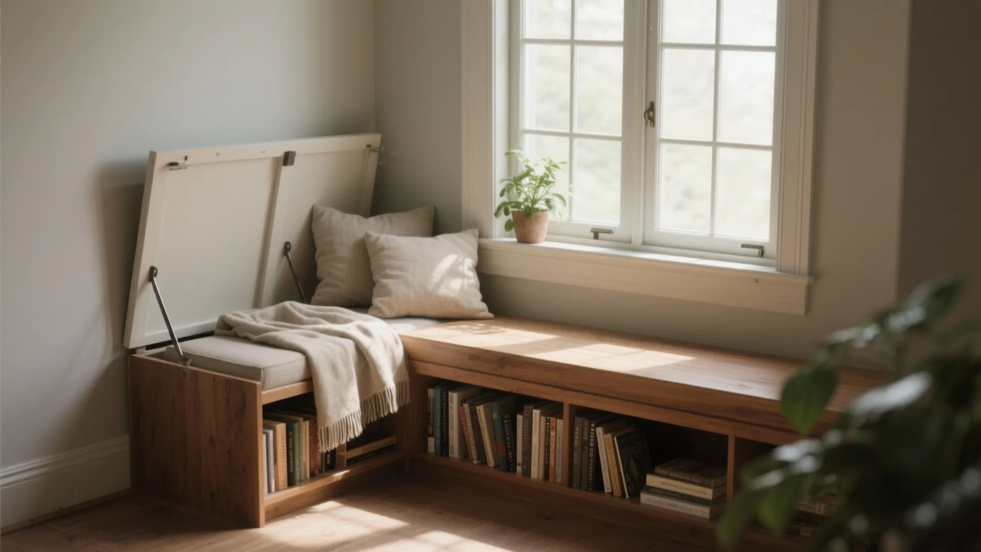 Wooden window bench with built in book storage and a hidden storage compartment under cushions
