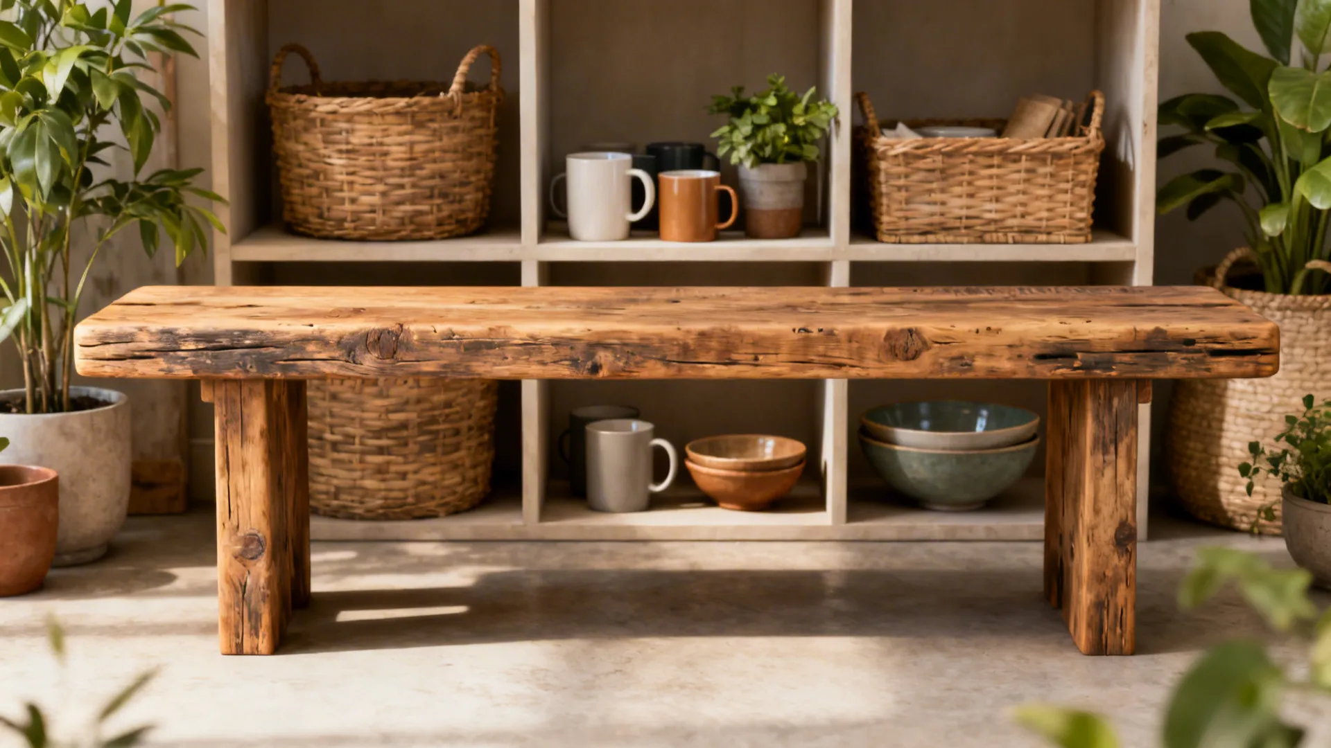 Reclaimed wood bench with open shelving styled with baskets, mugs and plants