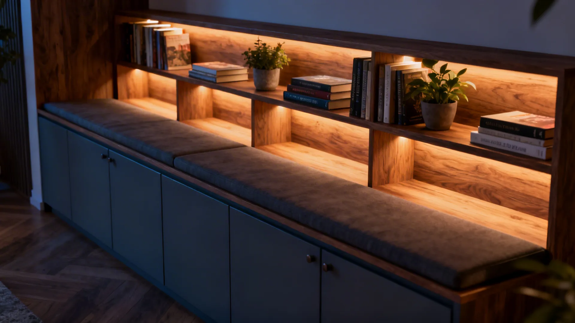 5. Bench with integrated shelving and lighting