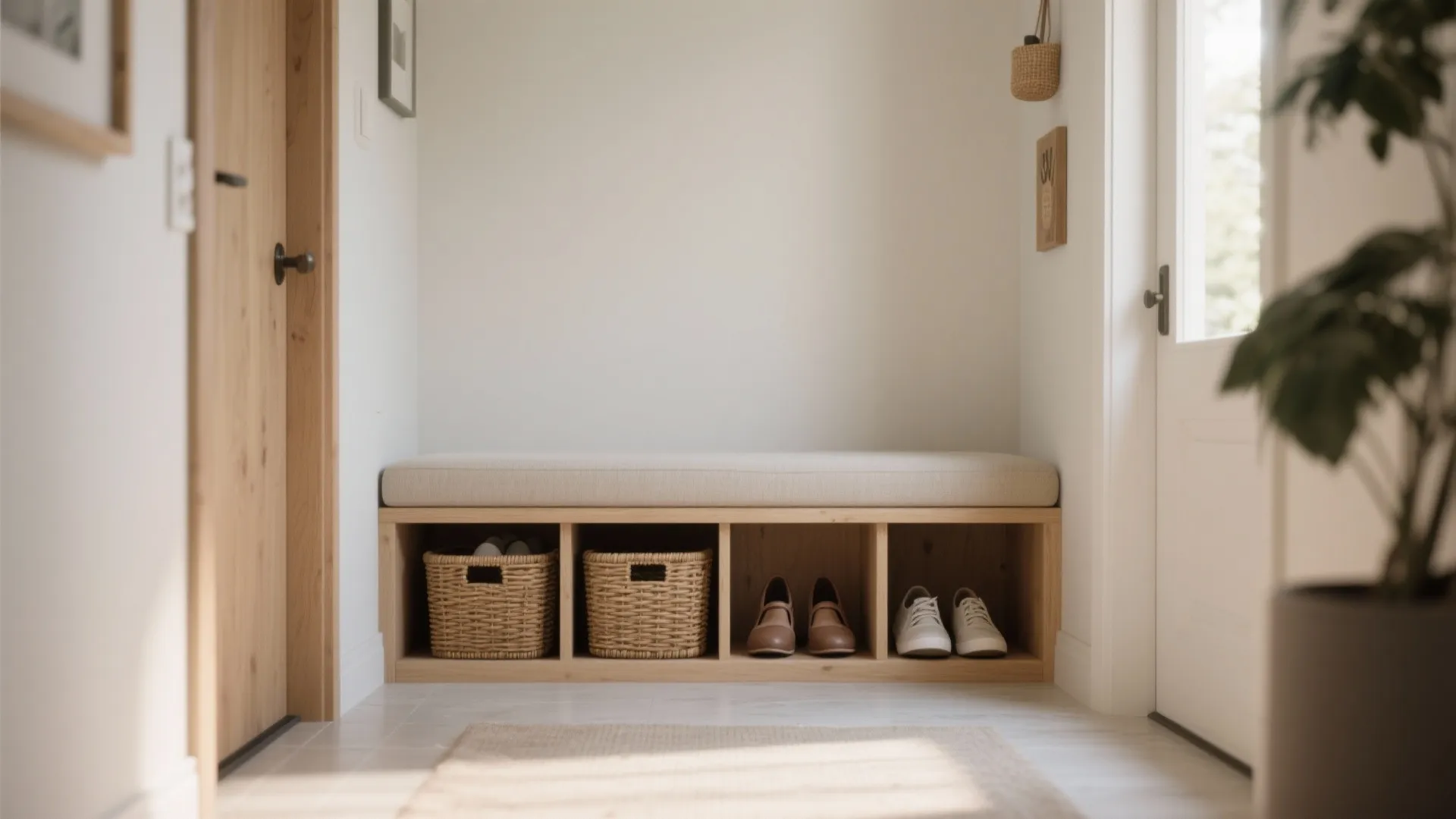 Minimalist entryway with wooden shoe bench, storage baskets, neutral cushions, white walls, and natural light