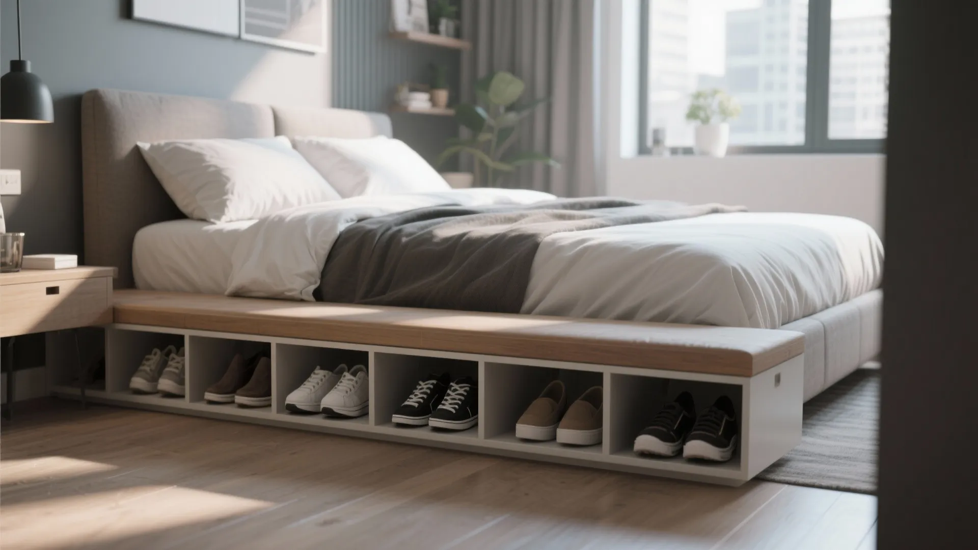 Bench with organized shoe cubbies under seating at the foot of a bed