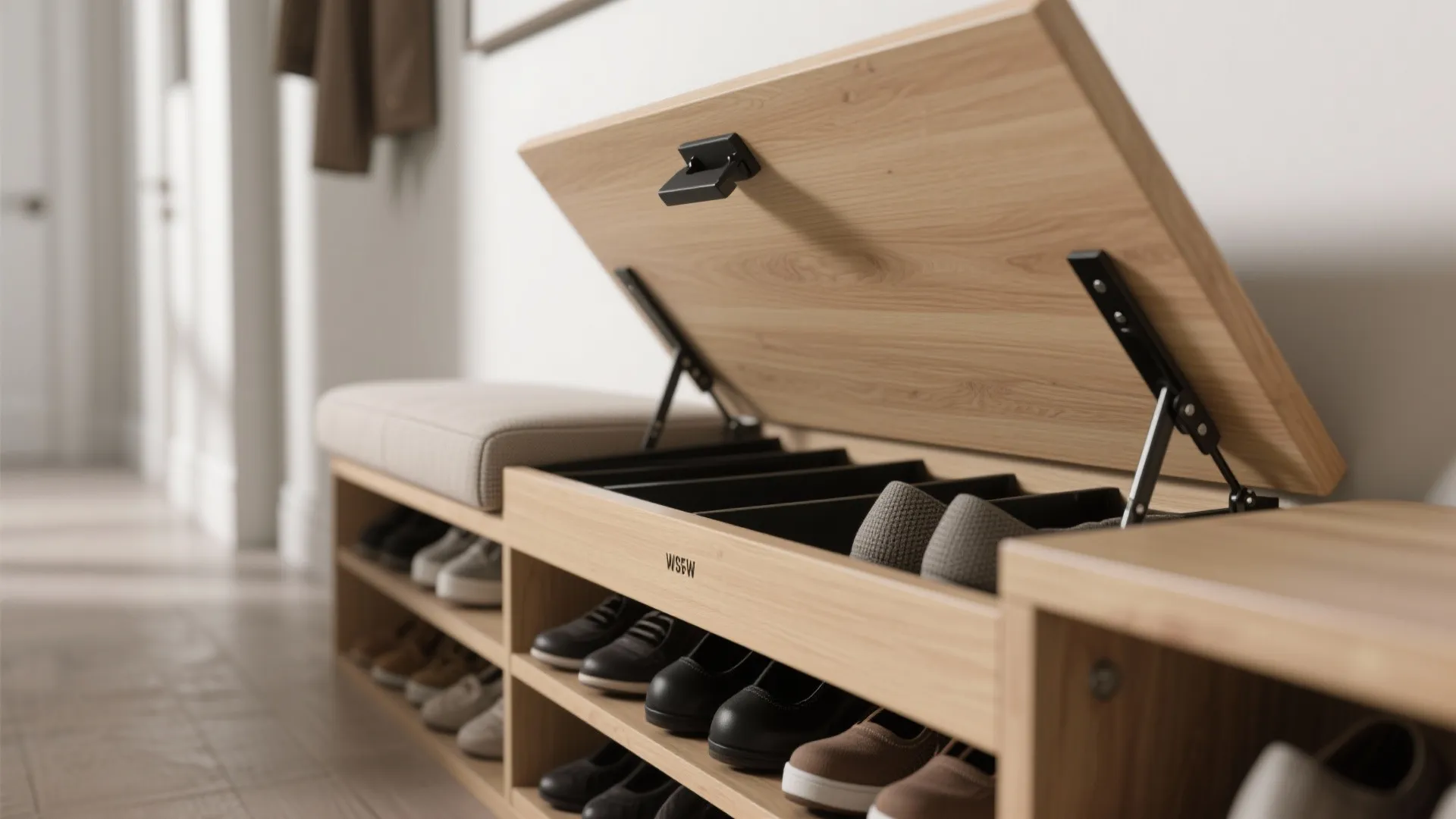 Wooden shoe cabinet with open storage lid showing rows of shoes and a padded seat