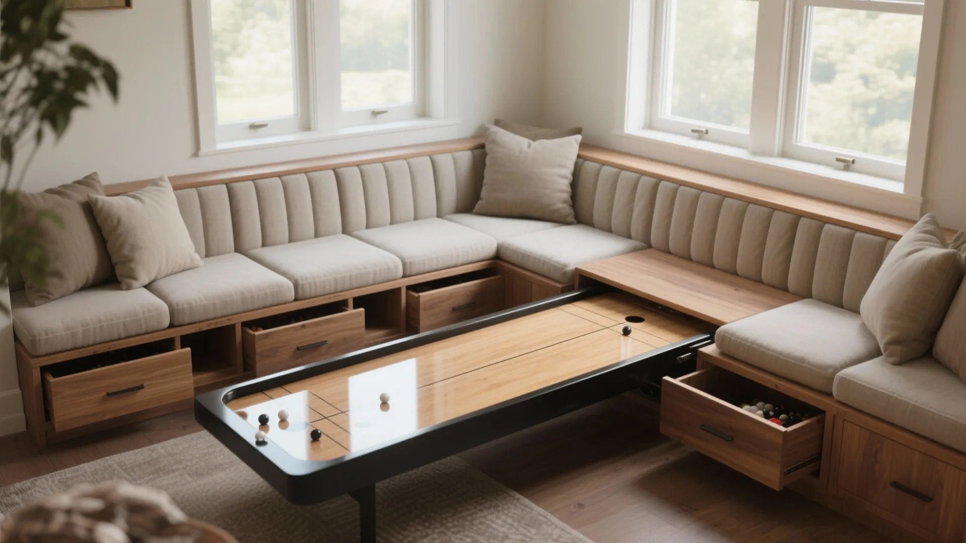 4. Built-in bench with shuffleboard top