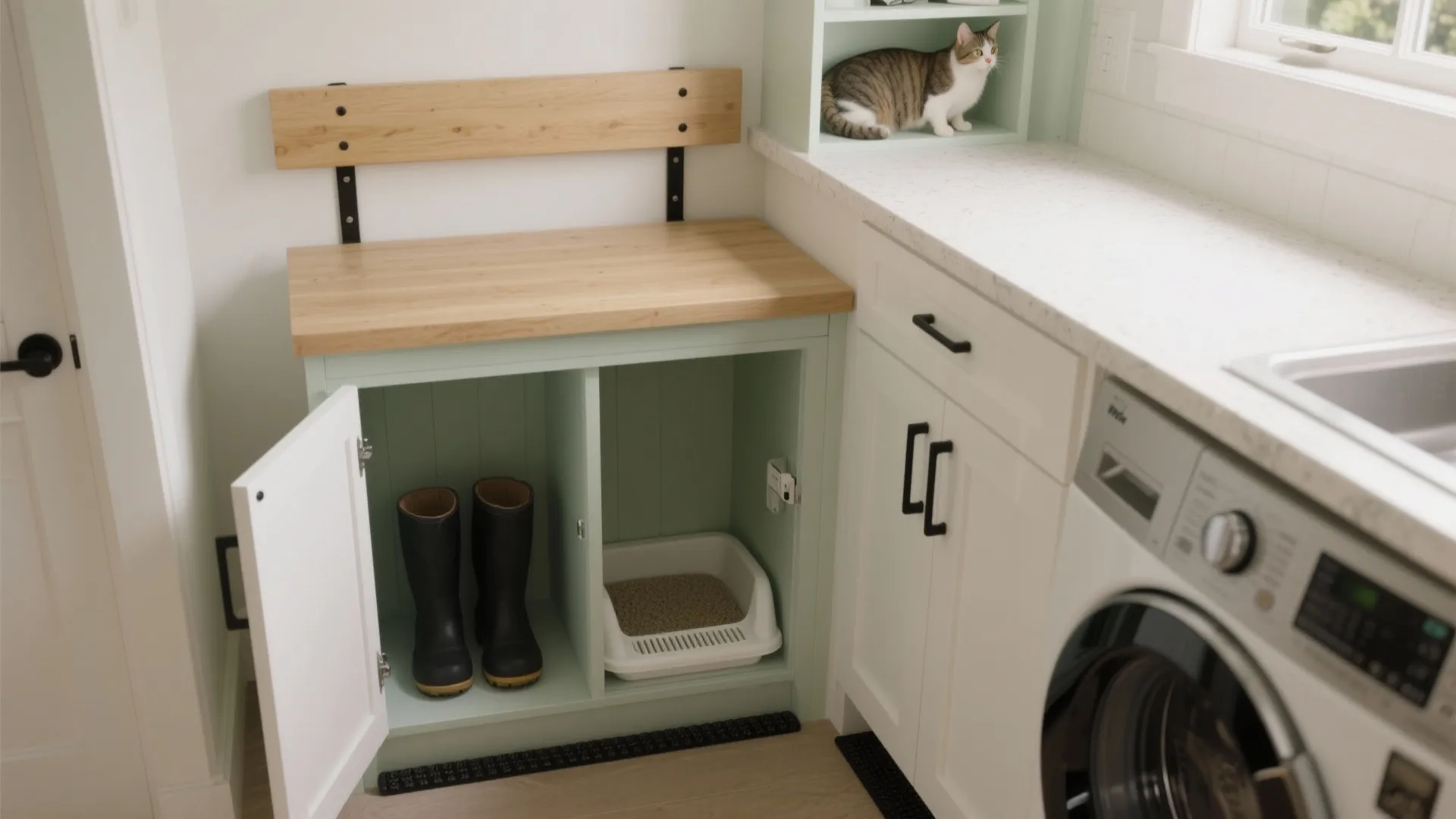 Laundry room laundry area with wooden bench green cabinets cat litter box and washing machine
