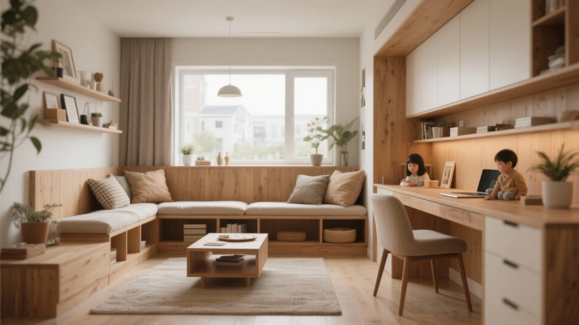 Bright living room featuring a wooden bench with cushions and integrated desk for children study