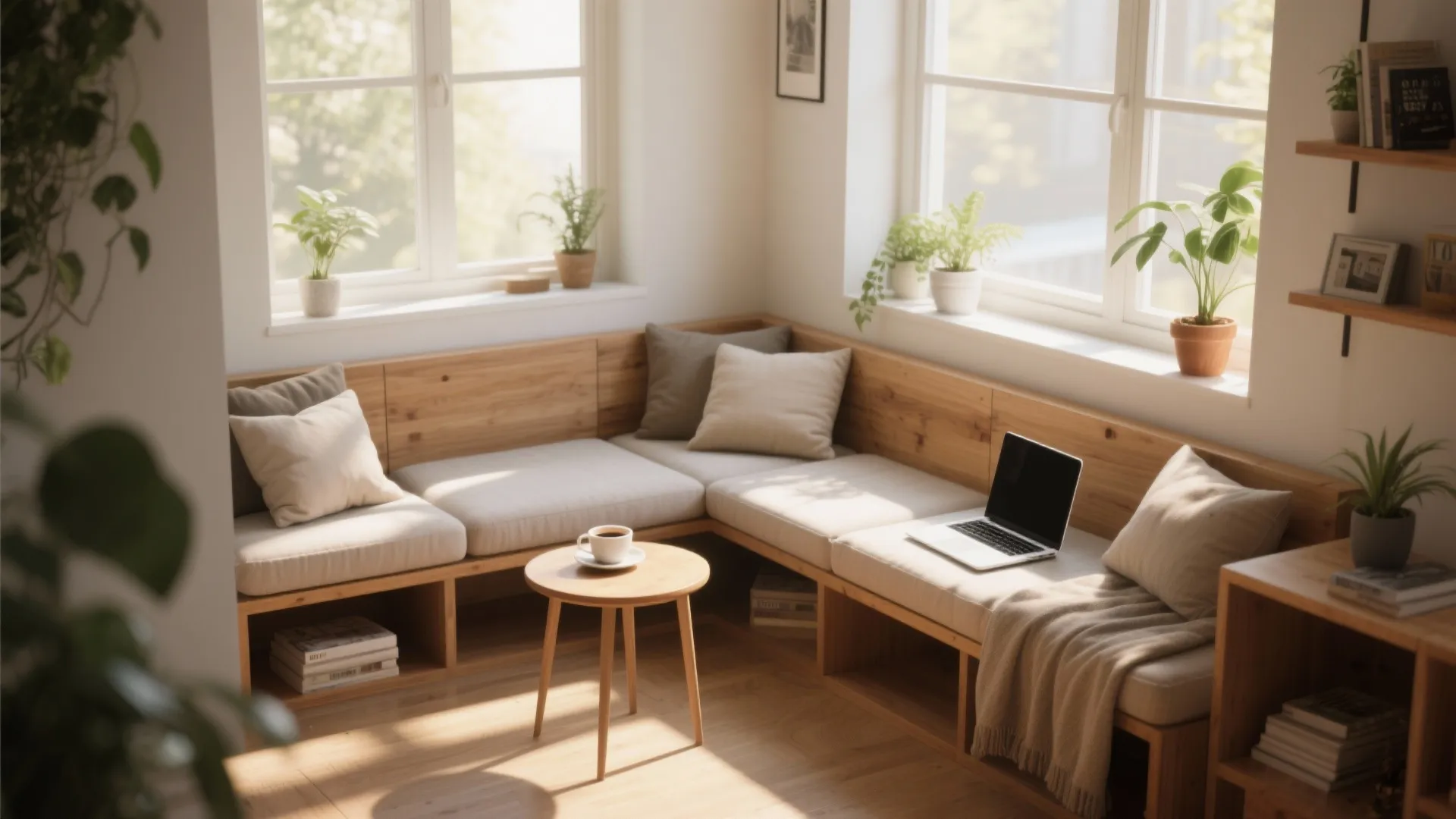 Window bench paired with a small side table used as a casual, social workspace with natural light