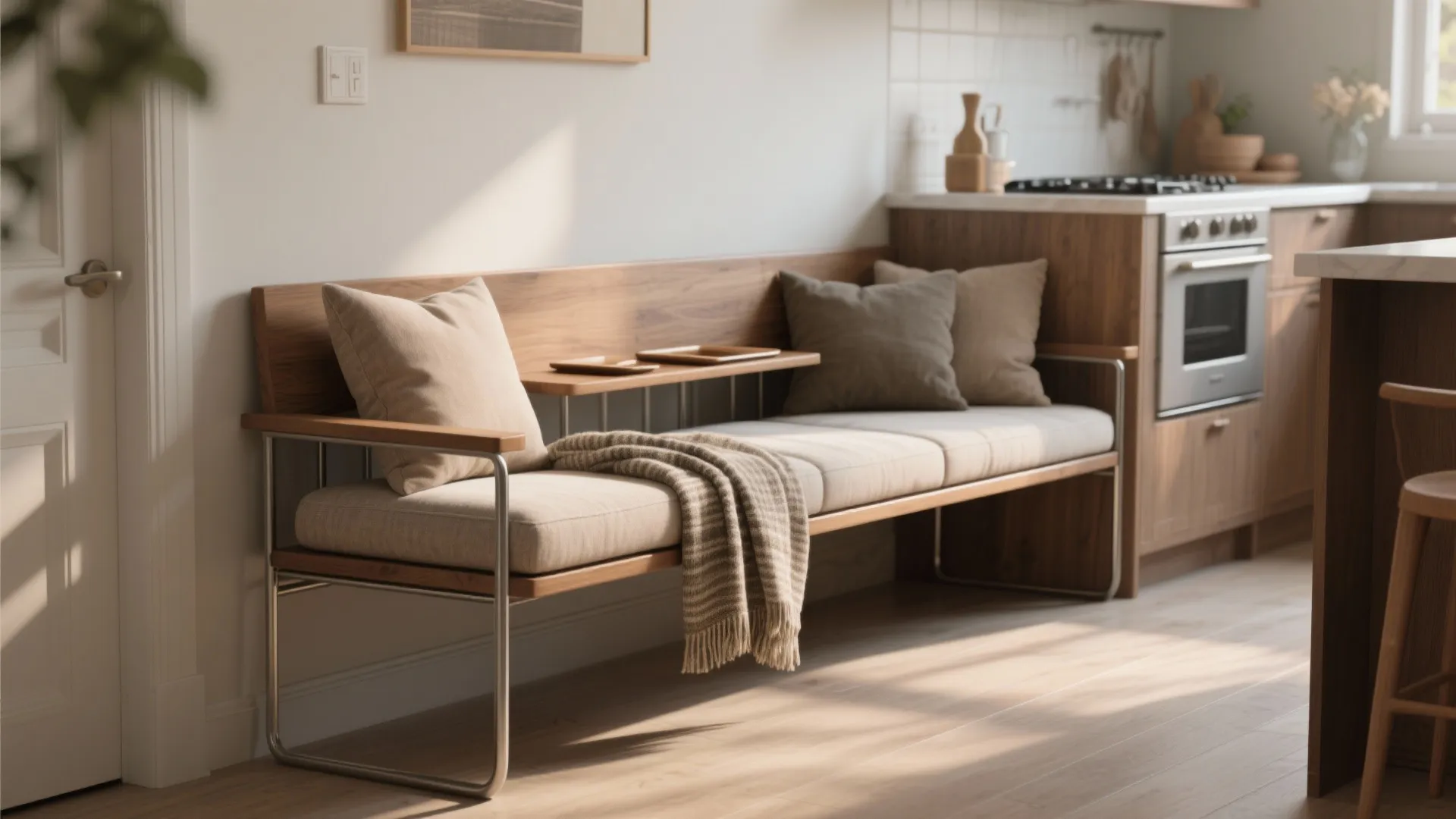 5. Multi-use bench-chair with side tray — two functions in one