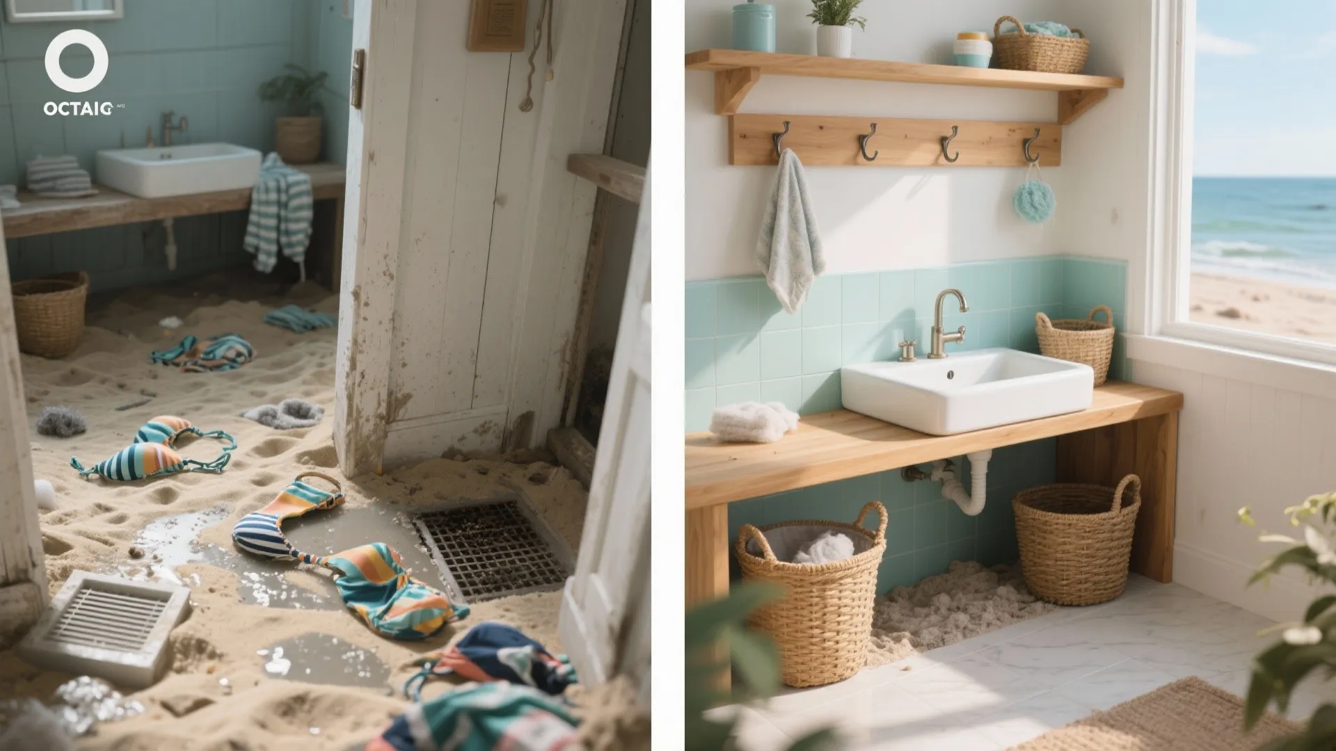 Before and after comparison of a messy sand filled room versus a clean beach bathroom