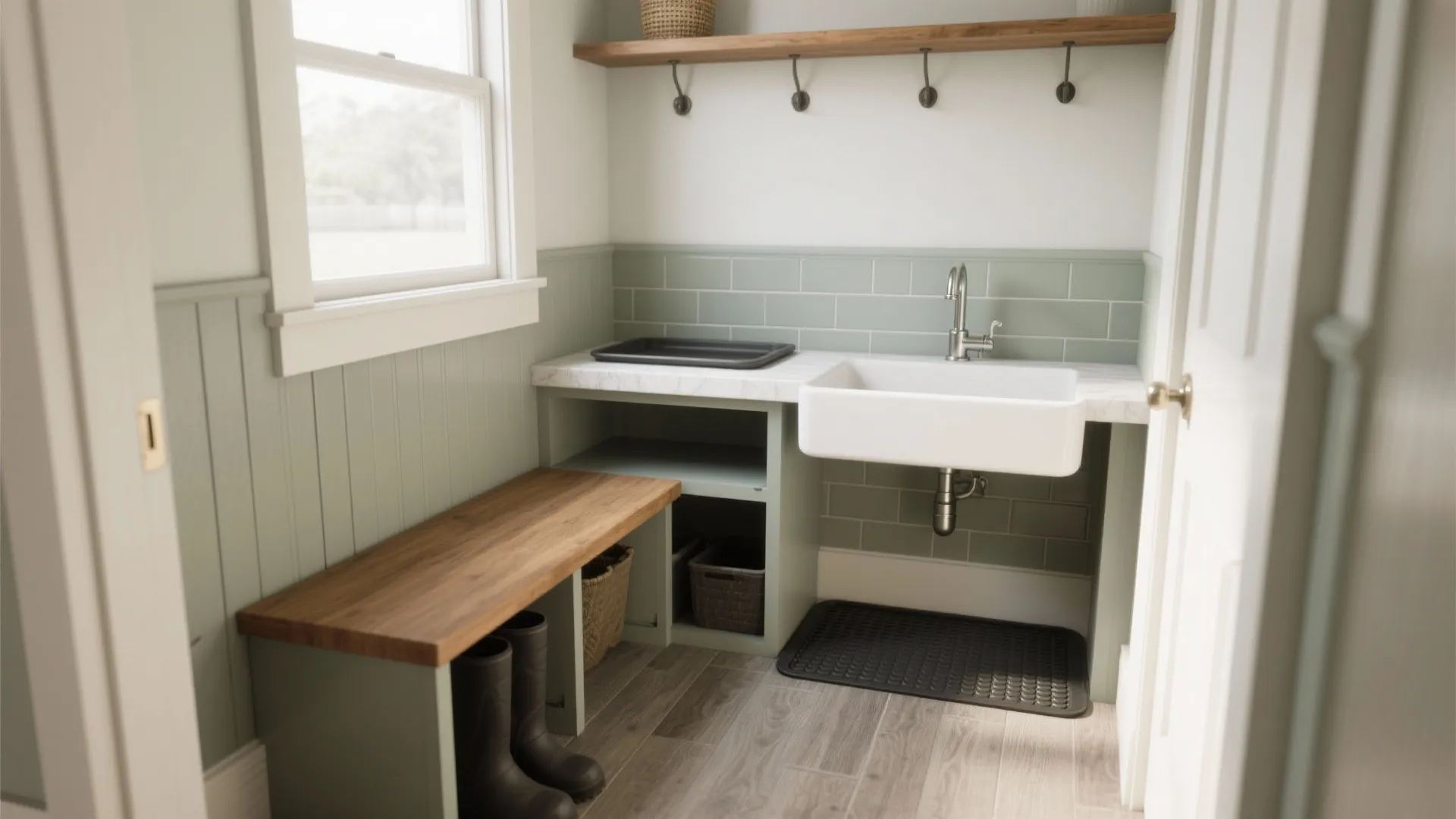Bench, boot tray, and a utility sink: a mini mudroom core