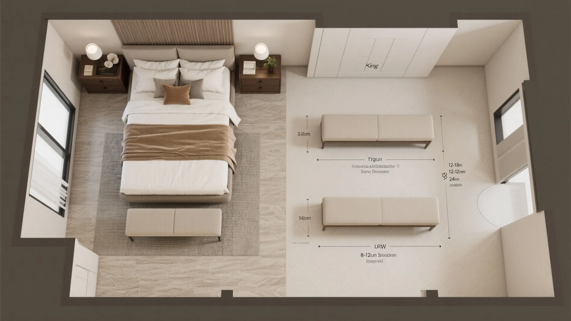 Top view bedroom design drawing showing bed dimensions and footrest sizing with clear measurement labels