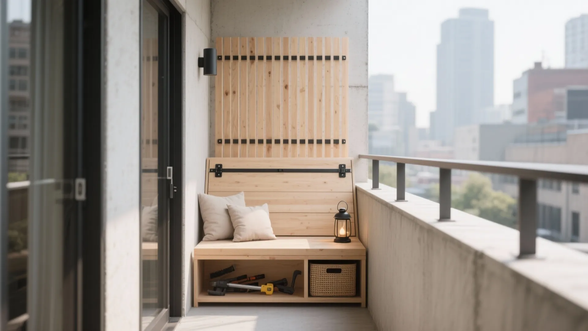 1) Minimal Storage Bench + Privacy Slats