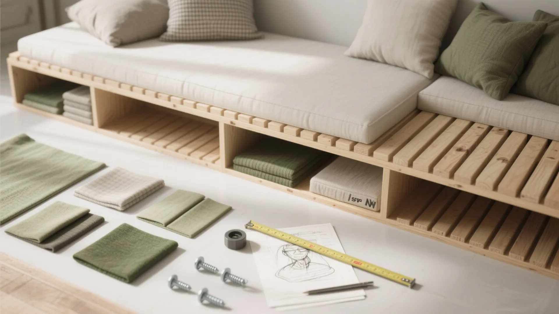 Top-down flatlay of bench-daybed materials: plywood slats, cushion swatches and hardware for a DIY build.
