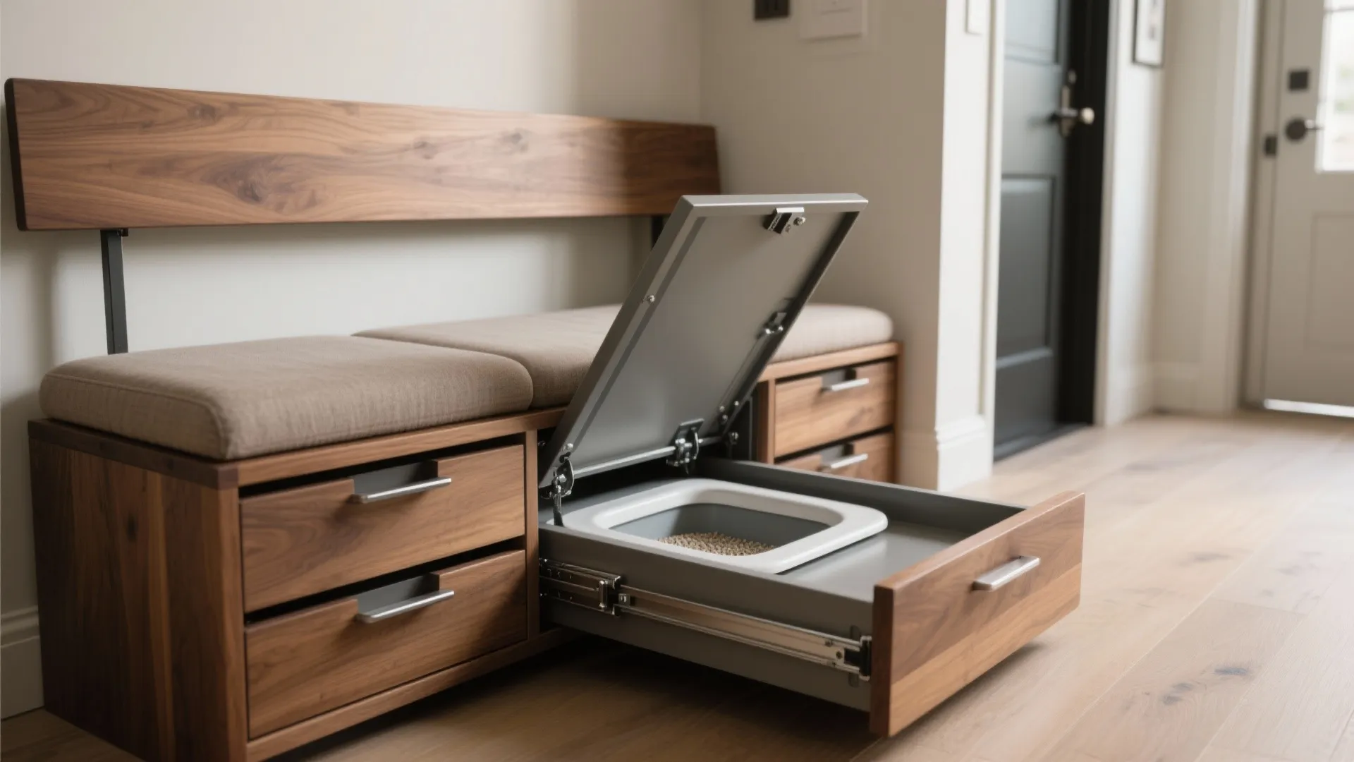 5. Multi-use furniture: bench with slide-out pan