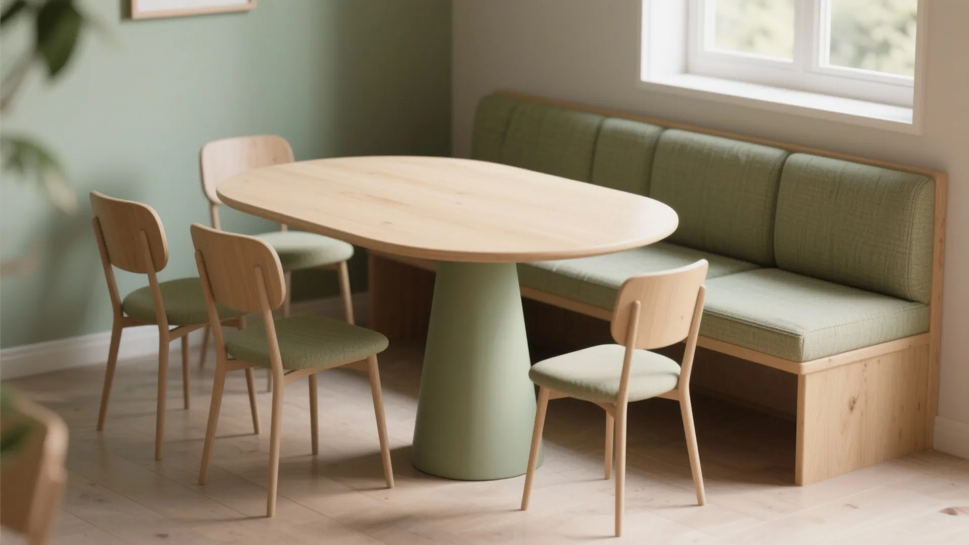 Oval wooden dining table with green cushioned bench three chairs and light green wall background